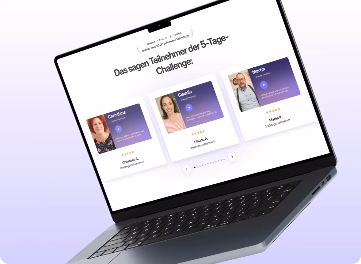 Laptop-Bildschirm zeigt Testimonials von drei Teilnehmern der 5-Tage-Challenge mit Fotos, Bewertungen und Zitaten.