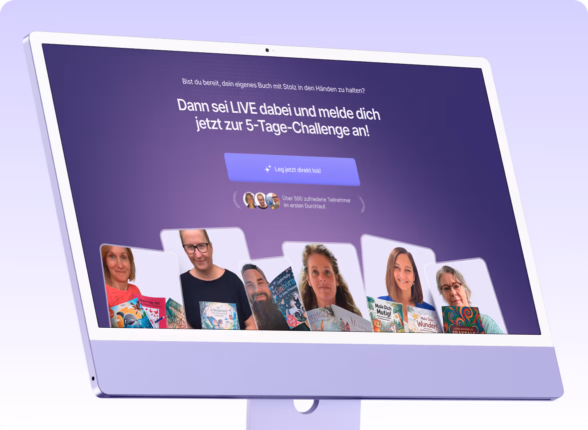 Computerbildschirm zeigt eine Einladung zur Anmeldung für eine 5-Tage-Challenge mit Fotos von sechs Personen, die Bücher halten.