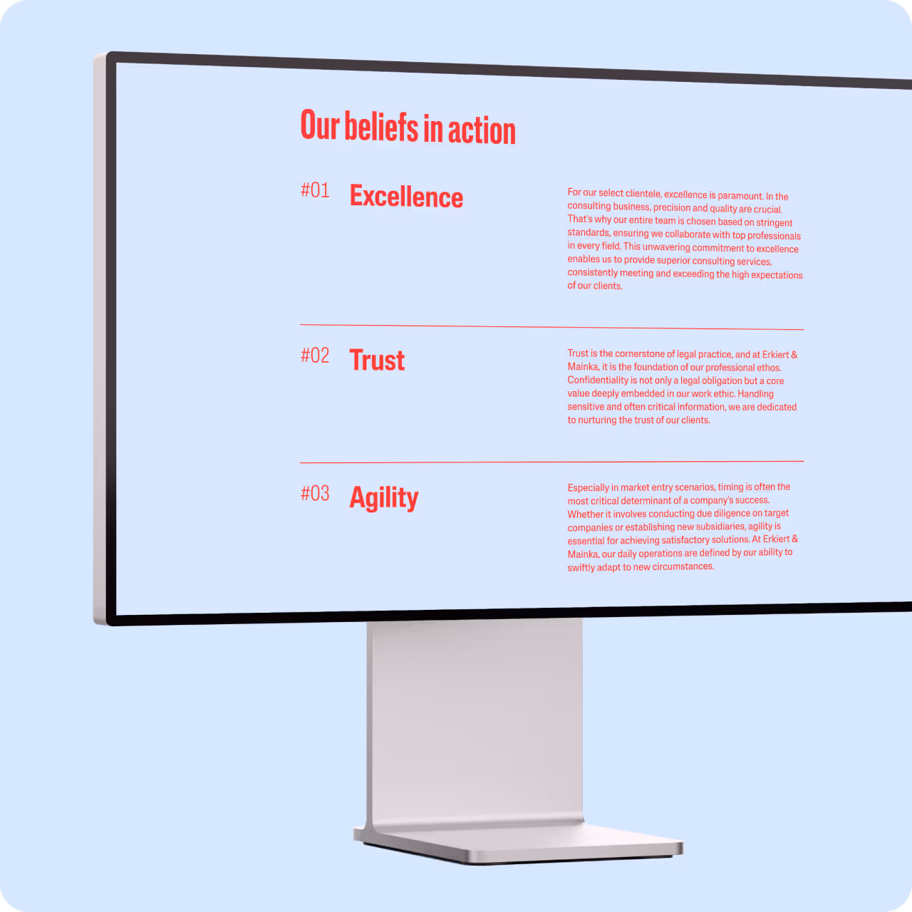 Computerbildschirm zeigt drei Kernwerte einer Firma: Excellence, Trust und Agility mit erklärendem Text.