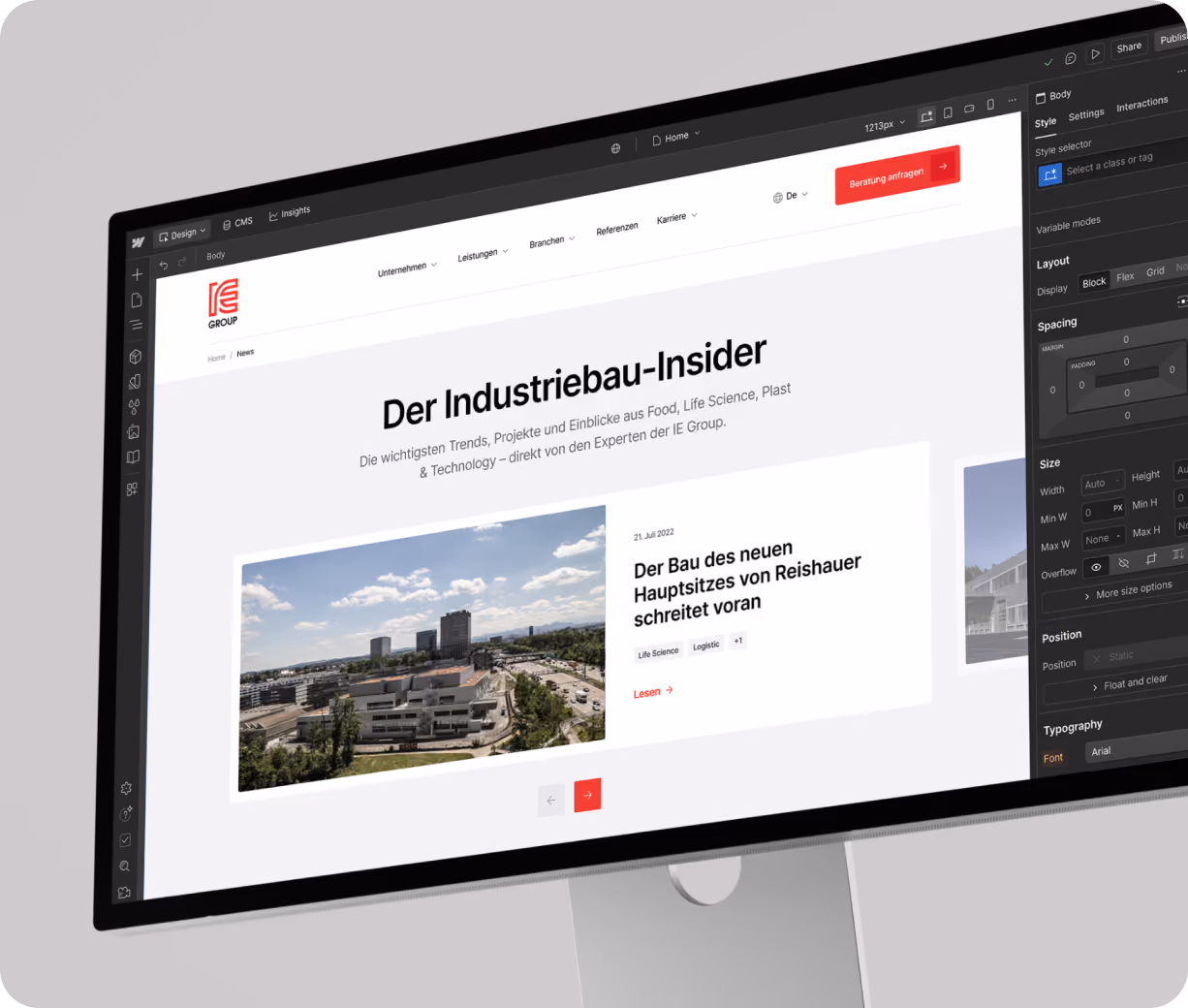 Webflow Entwicklung der IE Group Website mit responsive Layout und CMS-Struktur