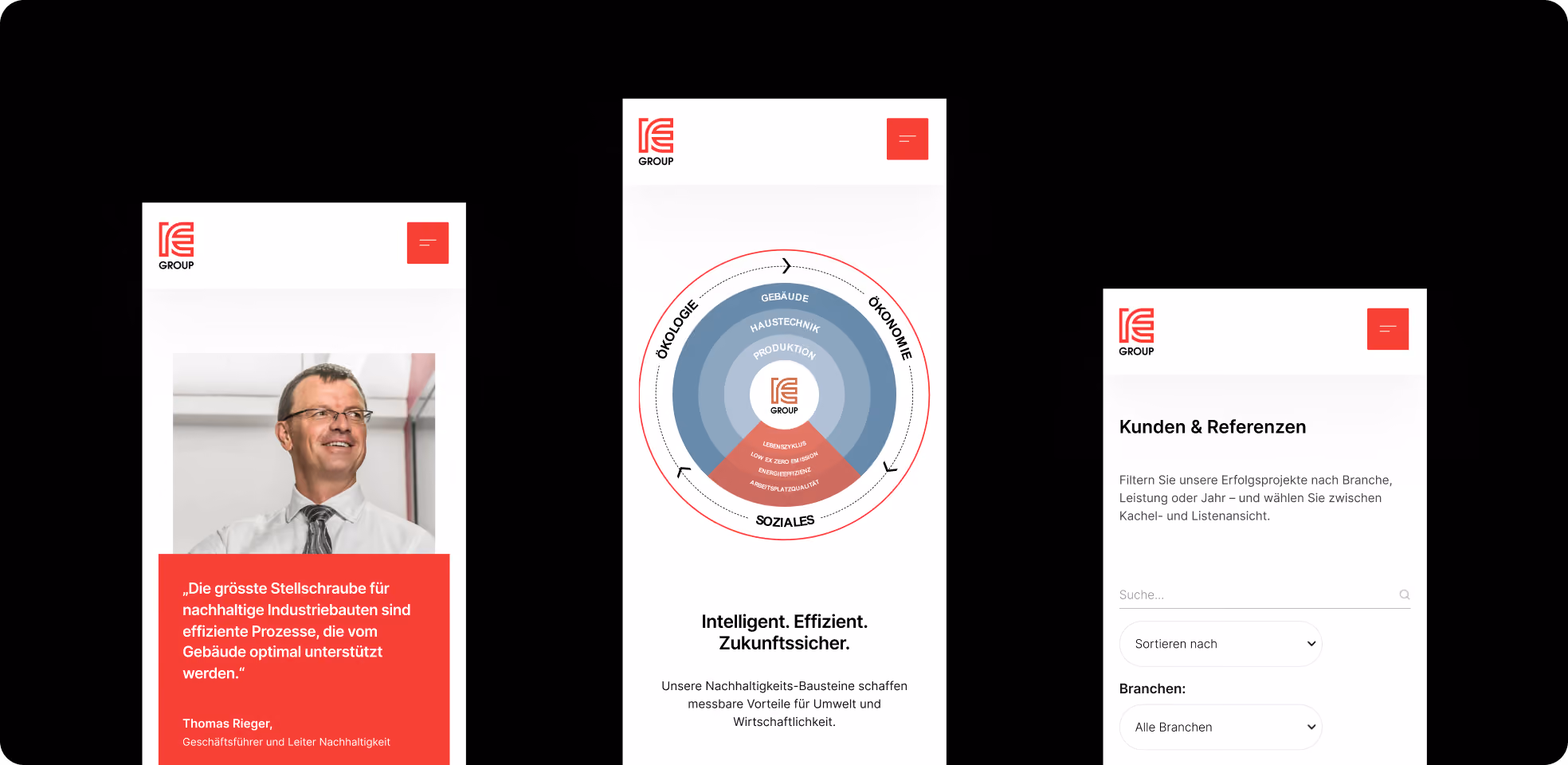Responsive Ansichten der IE Group Website mit Nachhaltigkeitskonzept, Unternehmensinhalten und Kundenreferenzen