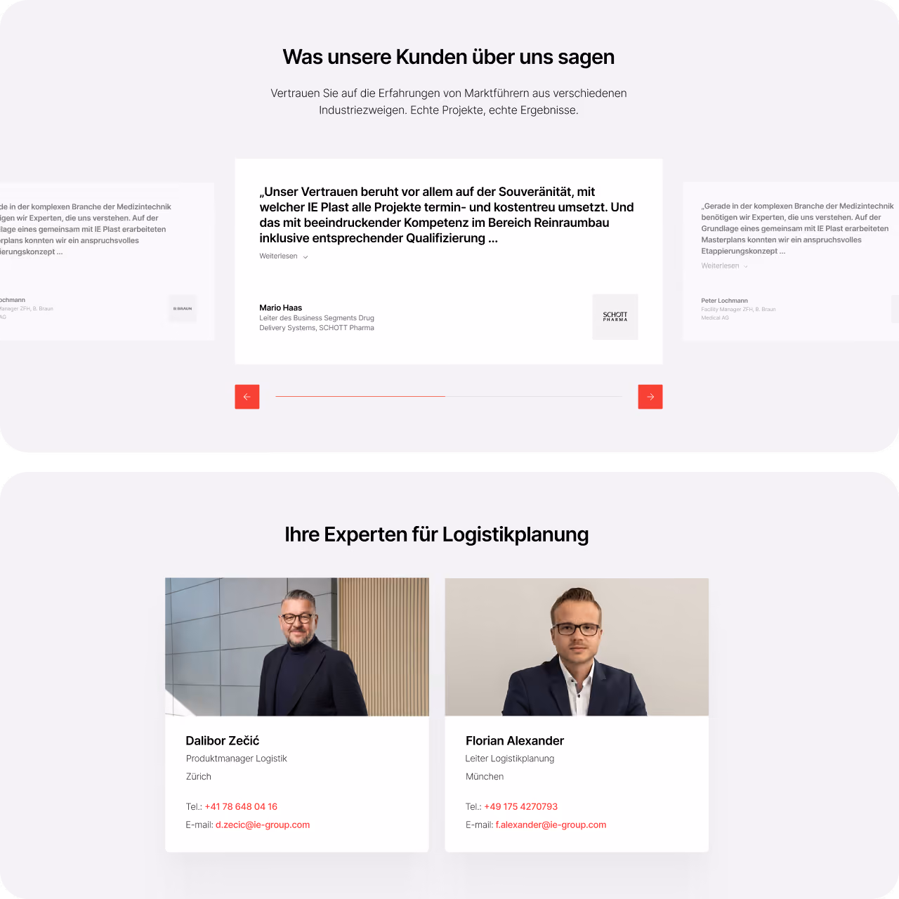 IE Group Website mit Kundenstimmen und Expertenprofilen für Logistikplanung