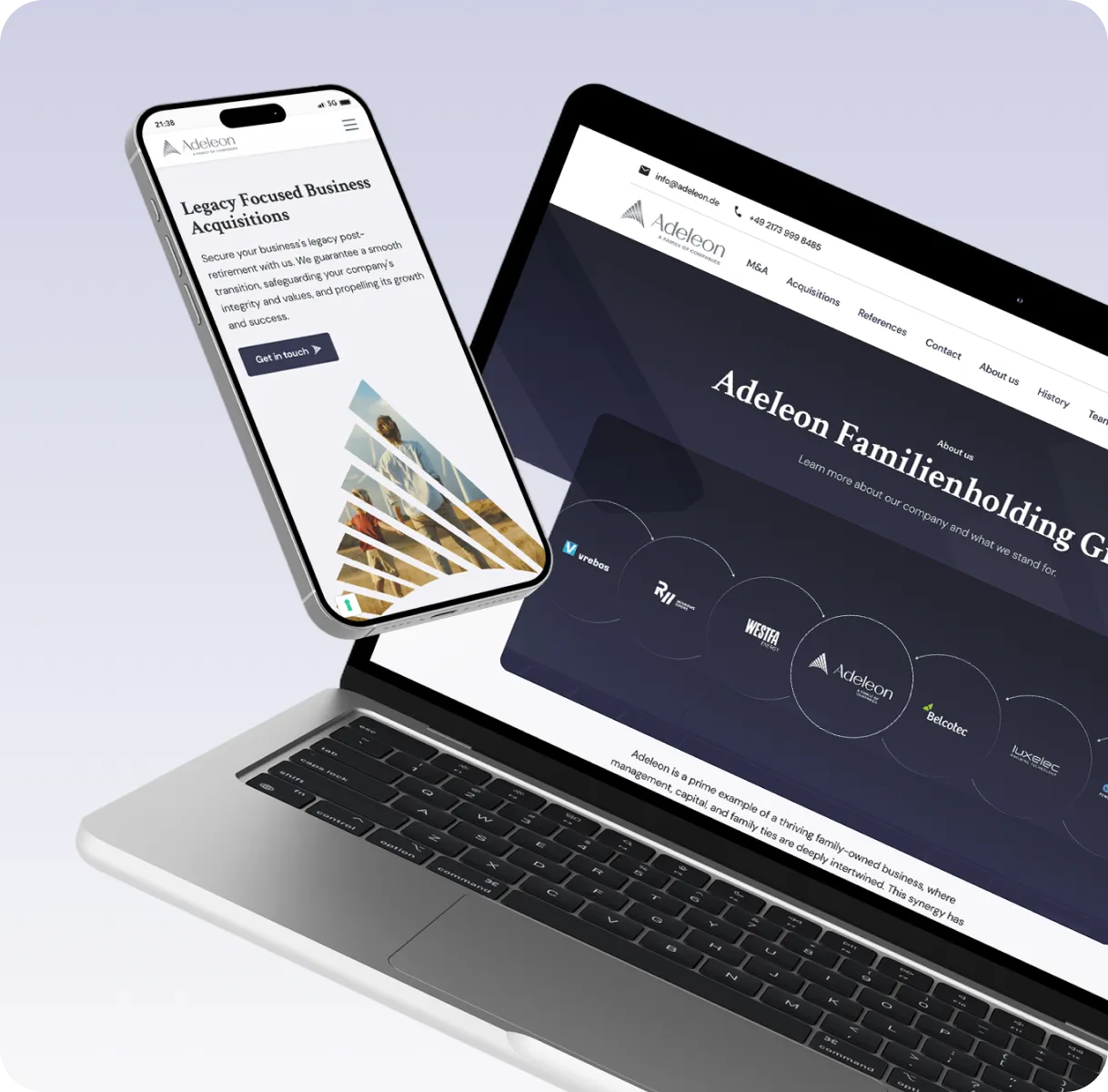 Laptop and smartphone showing the multilingual Adeleon Familienholding website about business acquisitions.