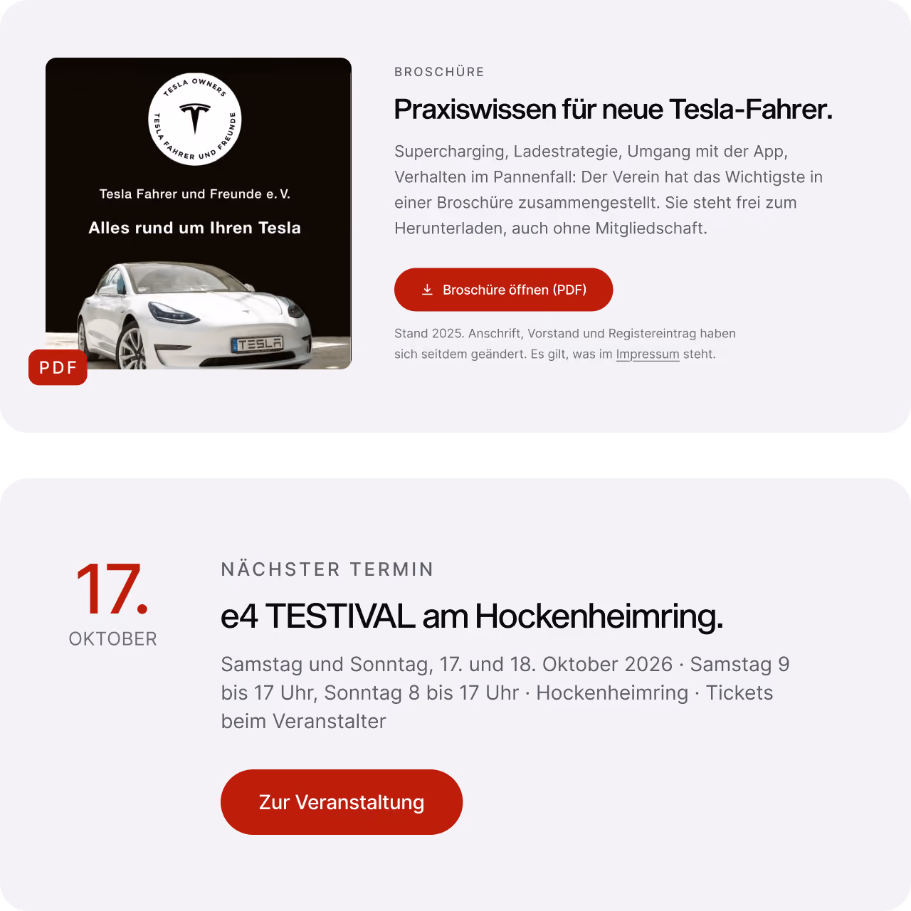 TFF website elements: a “Practical knowledge for new Tesla drivers” brochure and an event card for the e4 TESTIVAL at Hockenheimring.