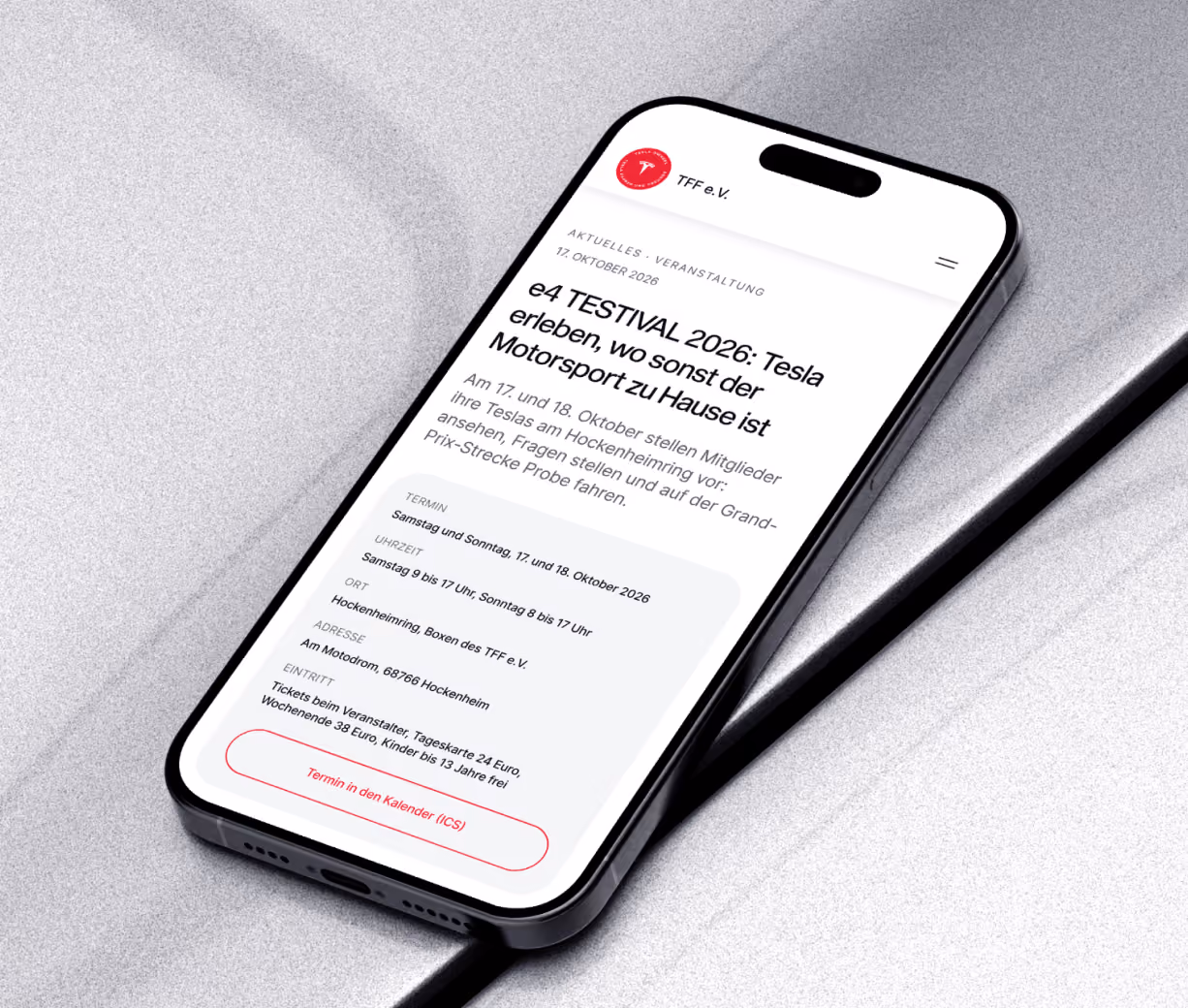Smartphone showing a TFF website post about the e4 TESTIVAL 2026.