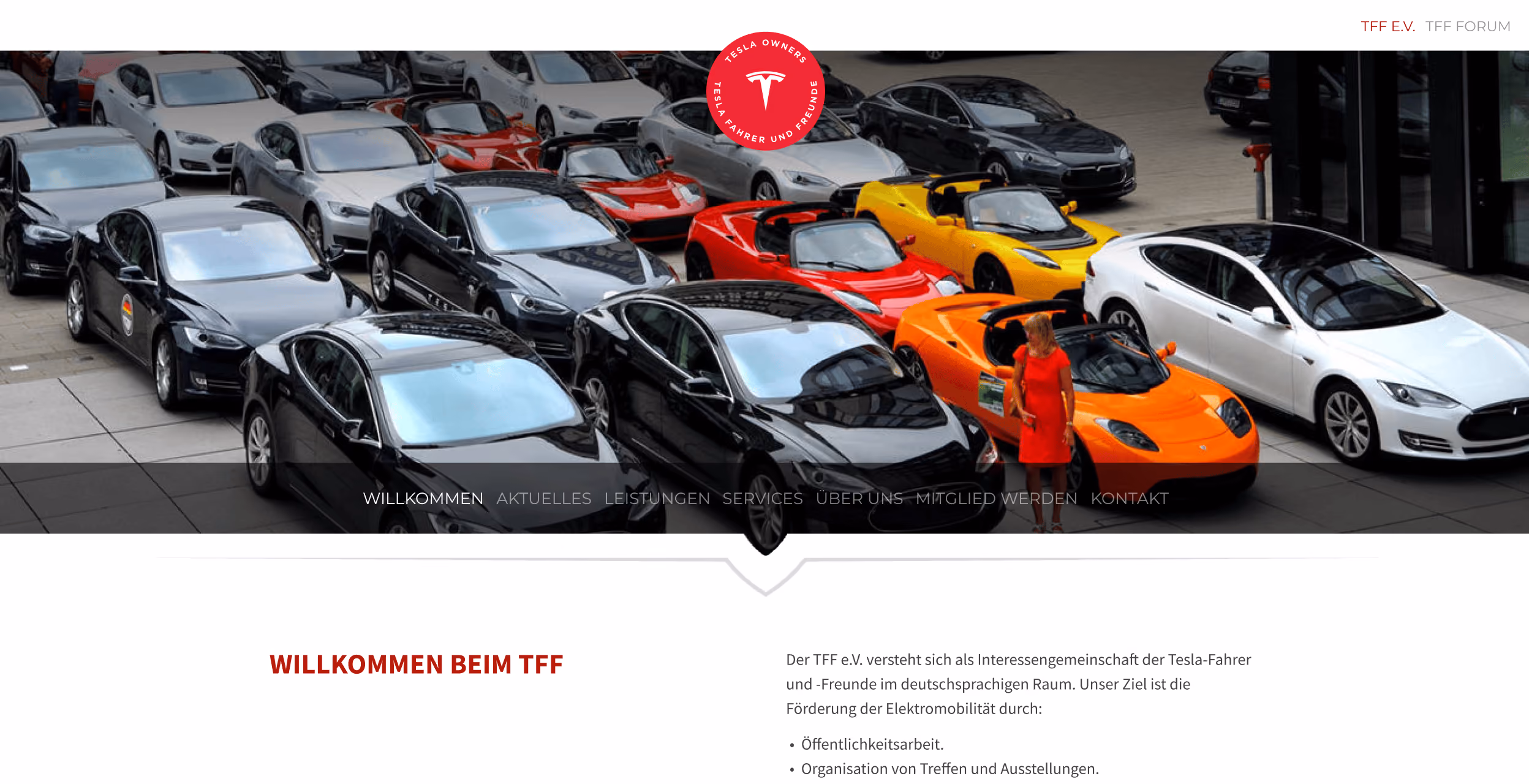 Old TFF website before the relaunch with a photo of many Tesla vehicles and a “Welcome to TFF” section.