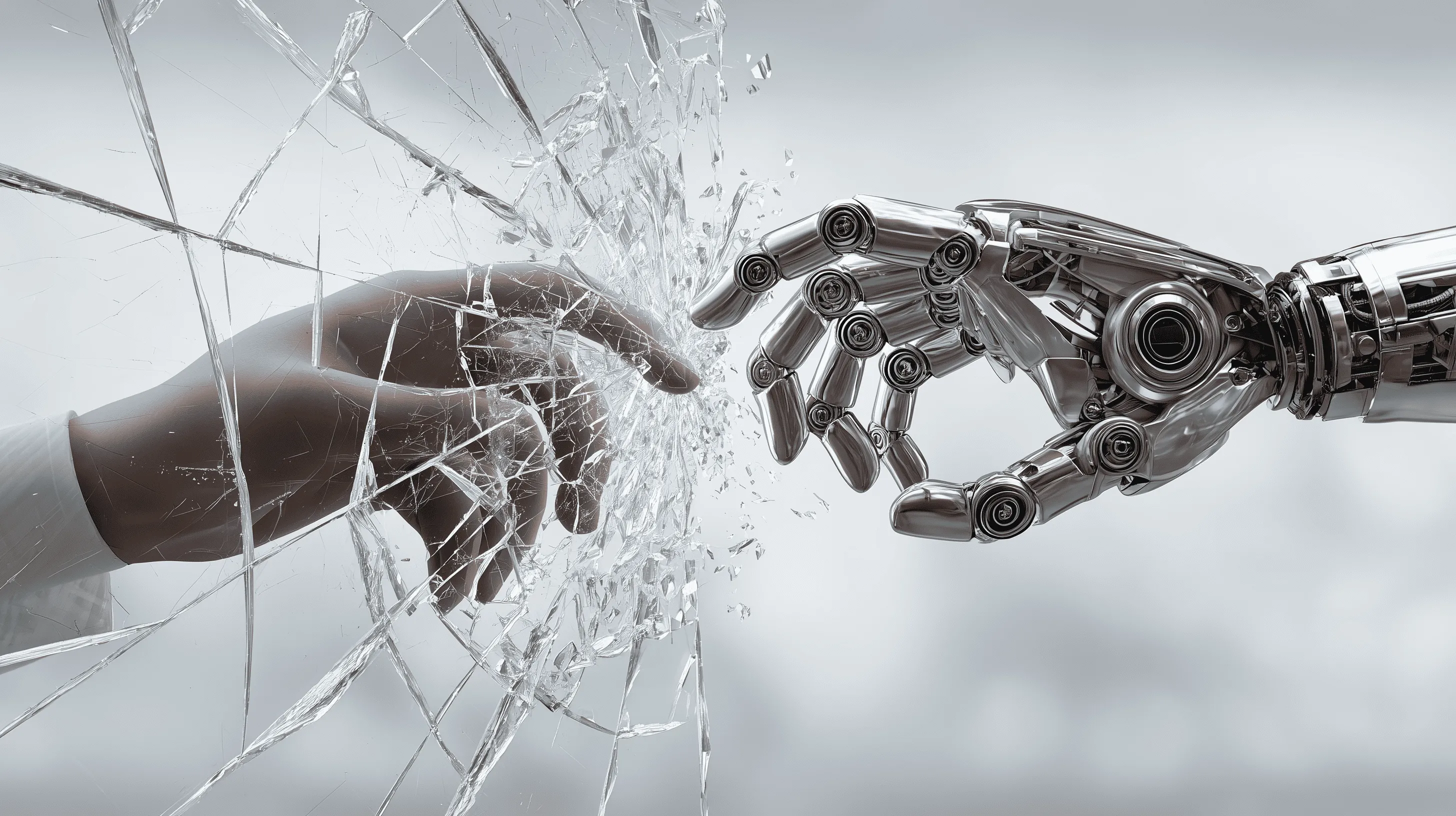 Eine Roboterhand (KI) und eine menschliche Hand durchbrechen zerschmettertes Glas, Symbol dafür wie GEO den Mittelsmann eliminiert und direkten Kundenkontakt für Unternehmen ermöglicht.