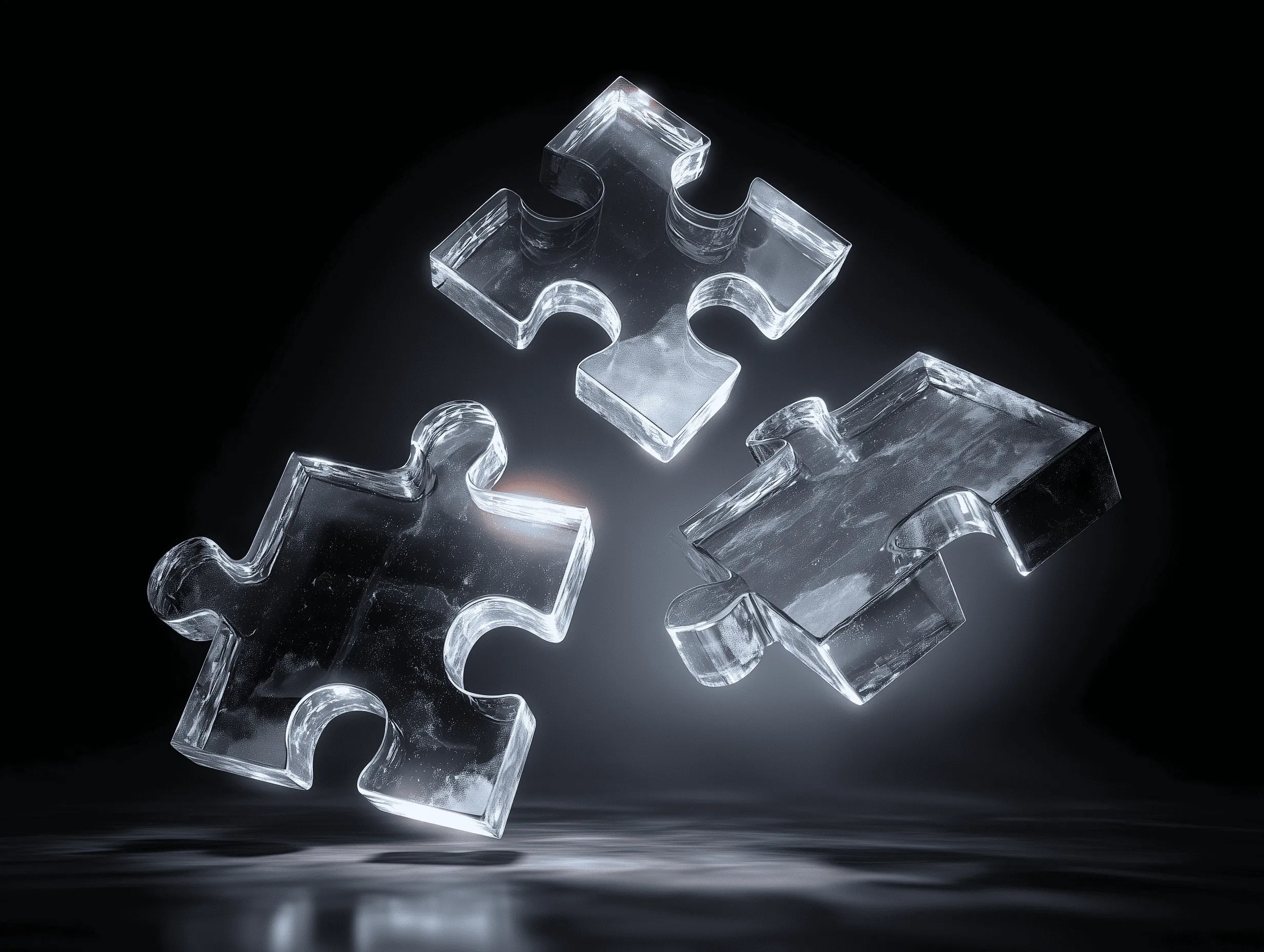Drei gläserne Puzzleteile symbolisieren die drei Säulen einer erfolgreichen GEO-Strategie von marketer UX: technische Sauberkeit, inhaltliche Exzellenz und digitale Autorität für KI-Sichtbarkeit.