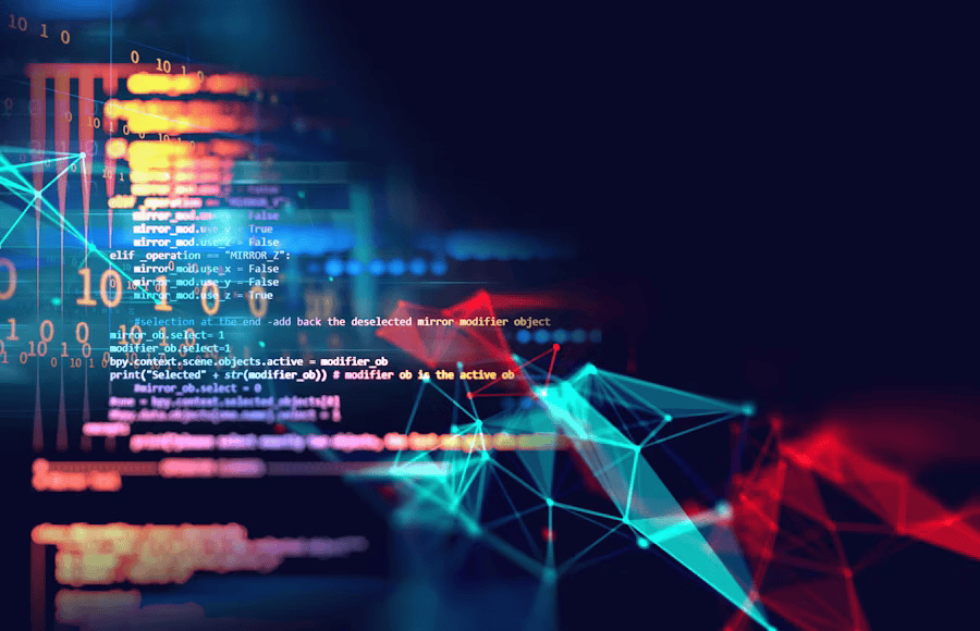 Eine abstrakte, technologische Darstellung von Programmcode, der von leuchtenden, bunten (rot und blau-türkis) Datennetzen und geometrischen Linien überlagert wird. Der dunkle Hintergrund hebt die digitalen Elemente hervor und vermittelt ein Gefühl von Datenverarbeitung, komplexen Algorithmen und künstlicher Intelligenz.