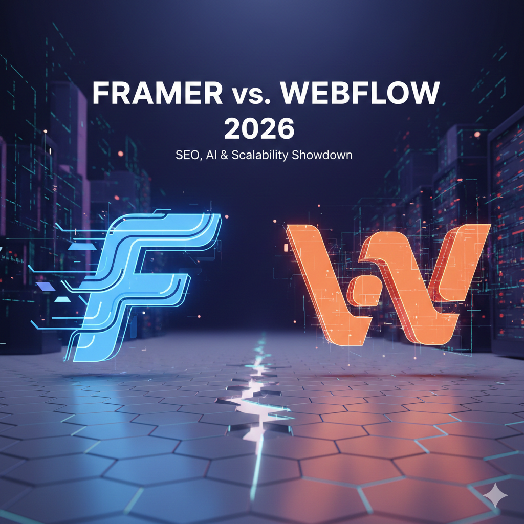 Framer vs. Webflow 2026 comparison graphic: A blue "F" and orange "W" logo facing off in a futuristic digital environment.
