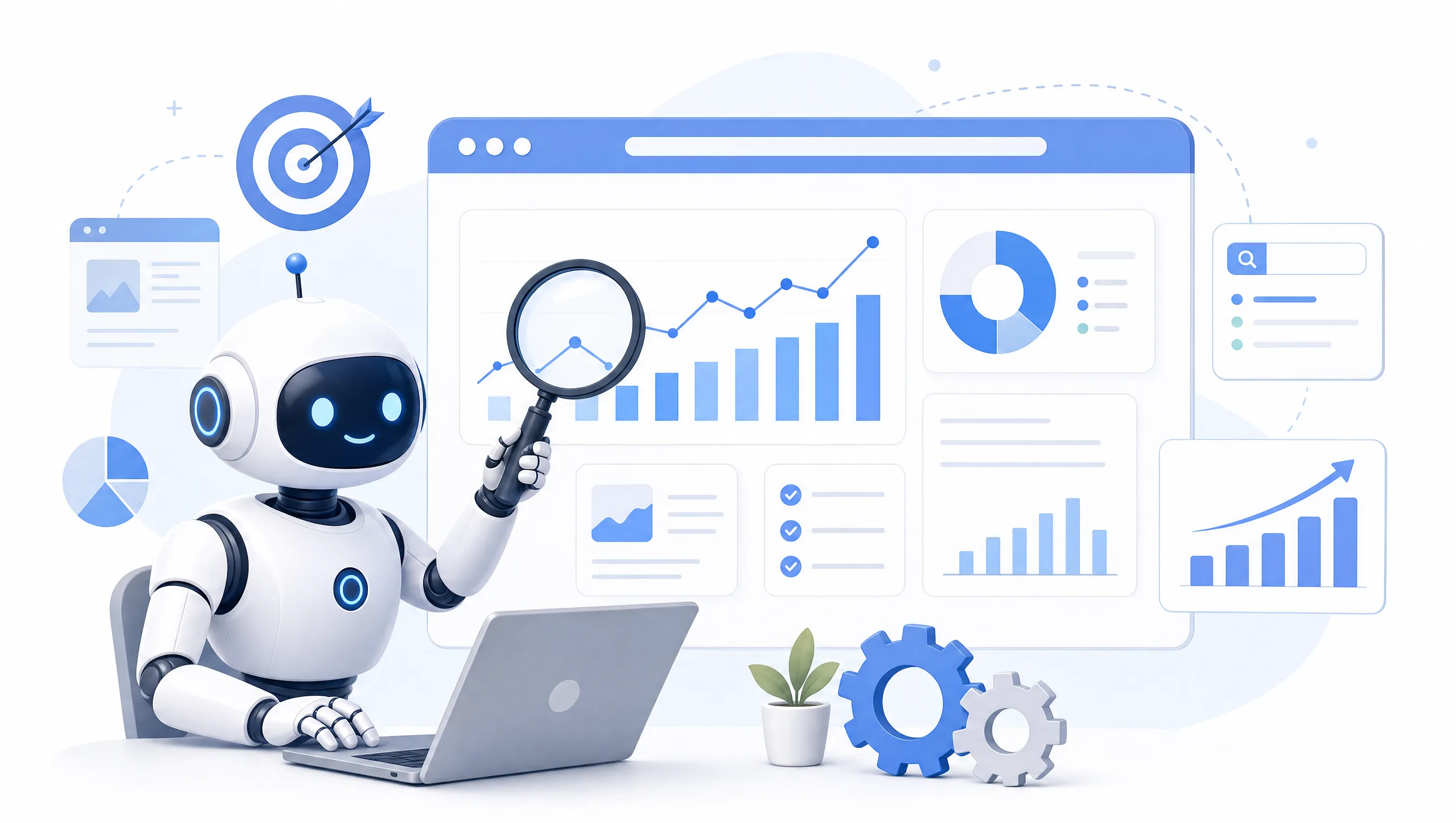 Helle, flache Illustration: KI-Agent-Roboter an einem SEO-Dashboard