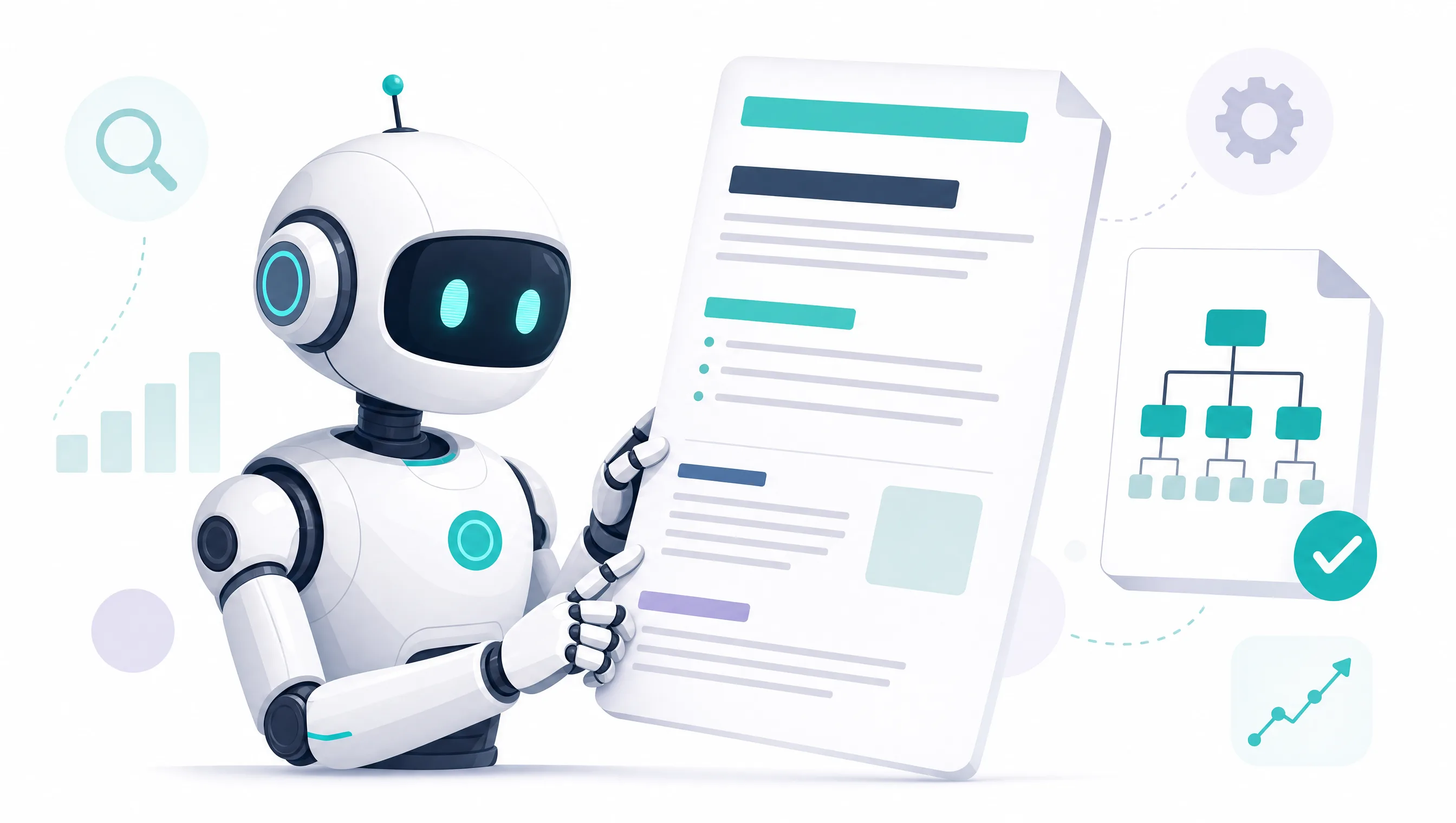Illustration: KI-Agent liest ein klar strukturiertes Dokument mit Sitemap