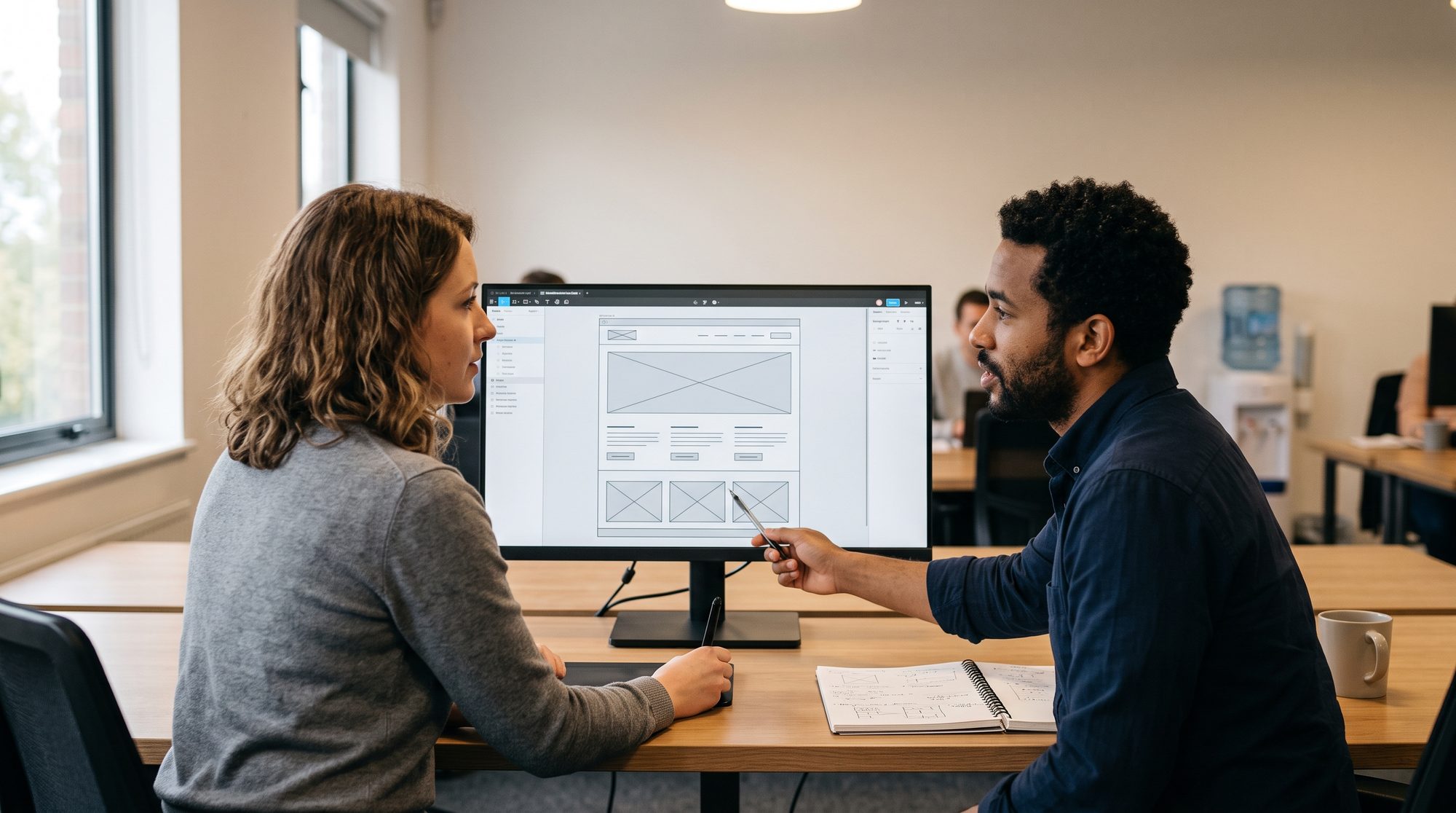 Webdesigner und Kunde besprechen Website-Konzept und offene Fragen am Monitor