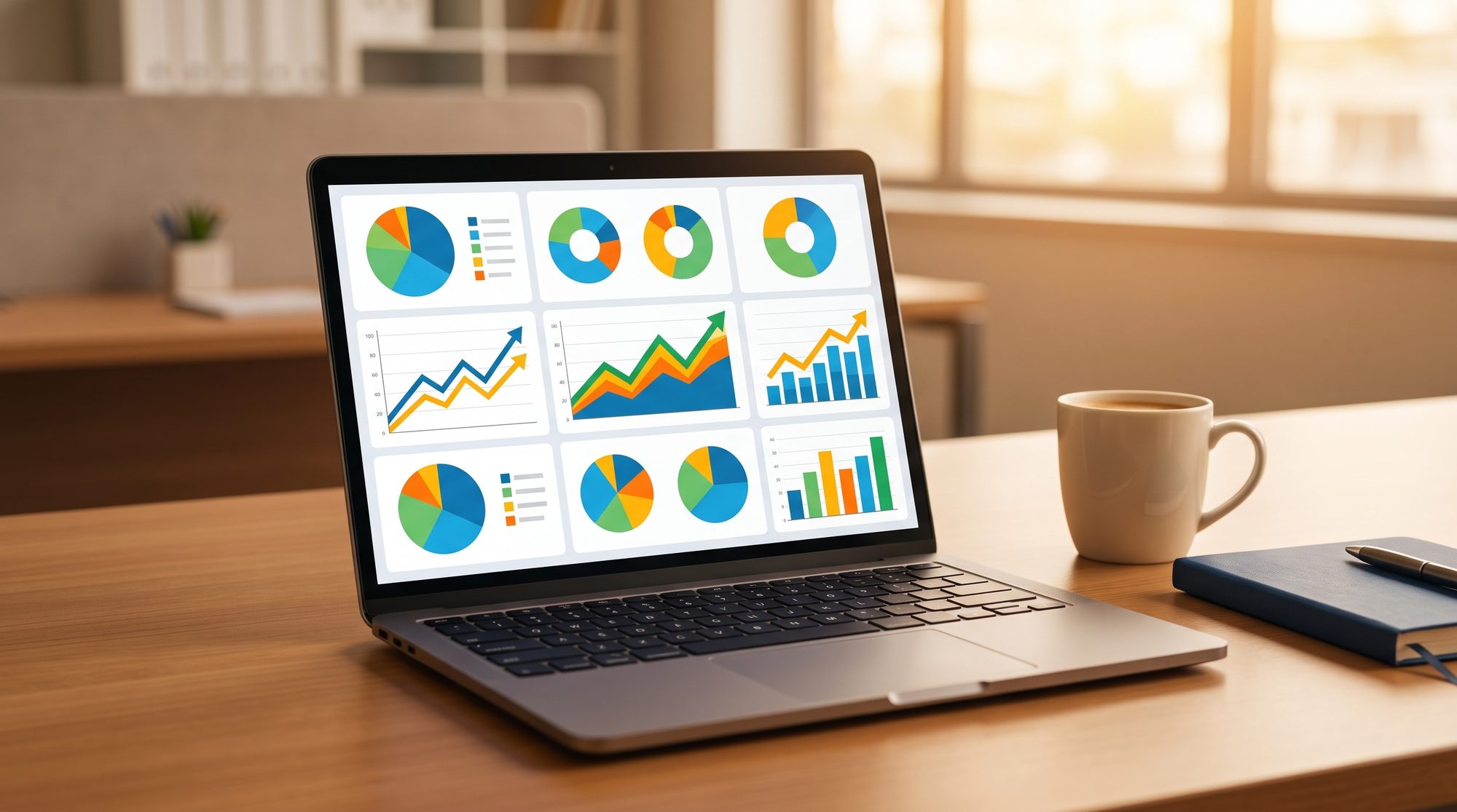 Analytics-Dashboard mit ROI-Kennzahlen und Performance-Grafiken auf einem Laptop-Bildschirm