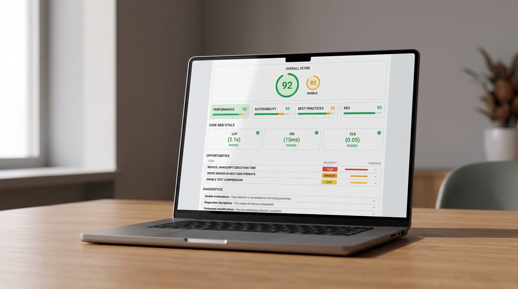 Website performance and Core Web Vitals audit results on a laptop screen showing load speed optimization opportunities