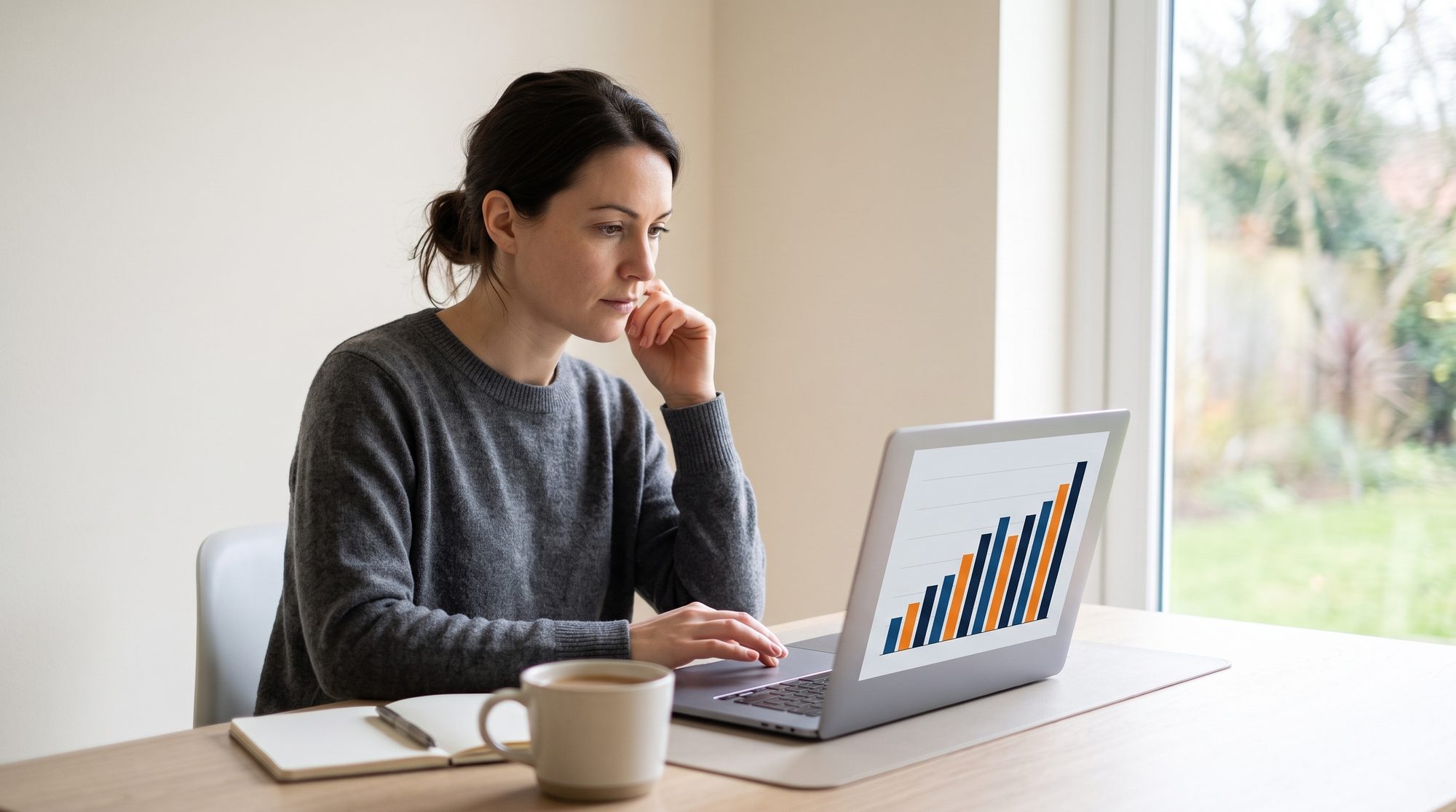 SEO consultant reviewing keyword ranking report on laptop in a modern office