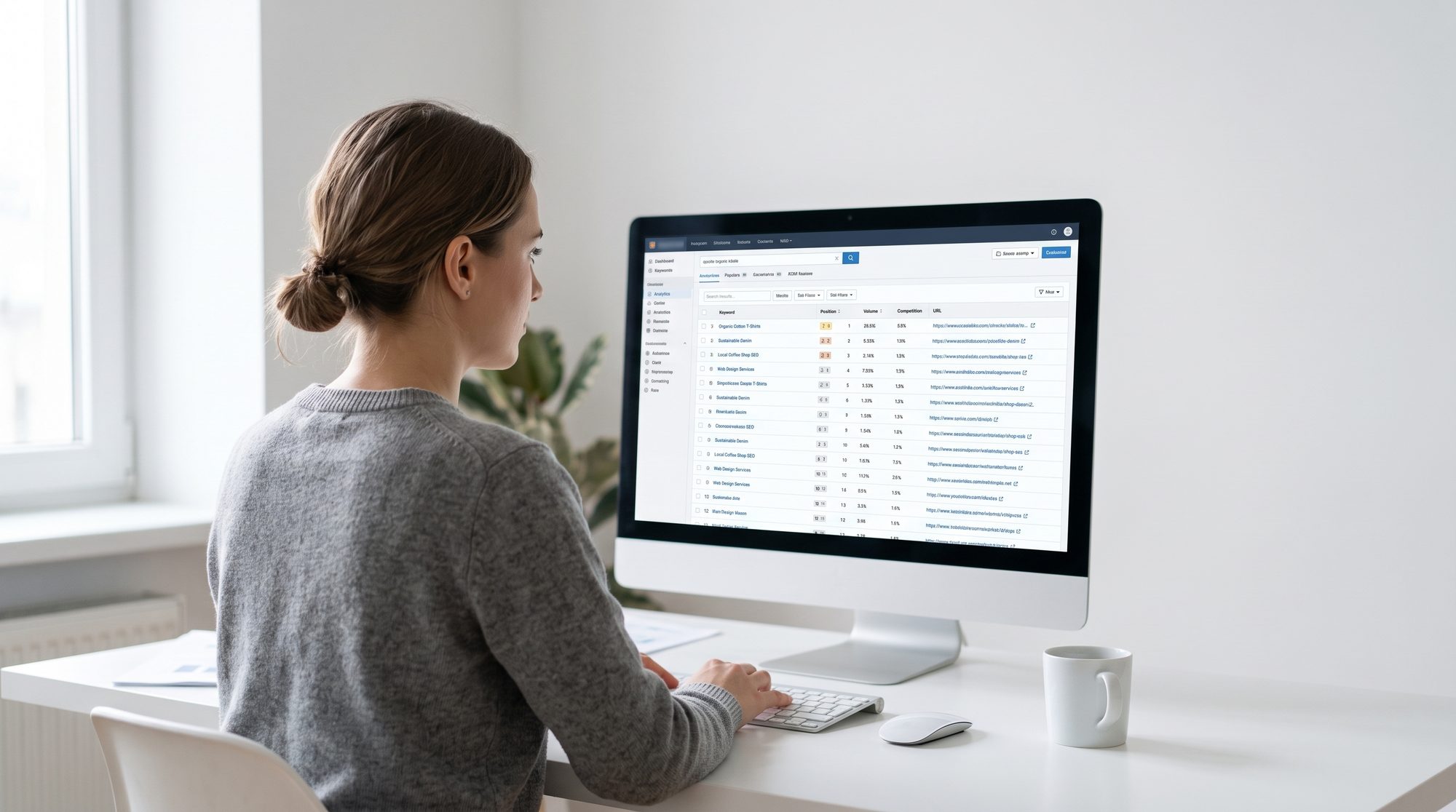 Marketing professional analyzing landing page conversion data and optimization metrics on a monitor