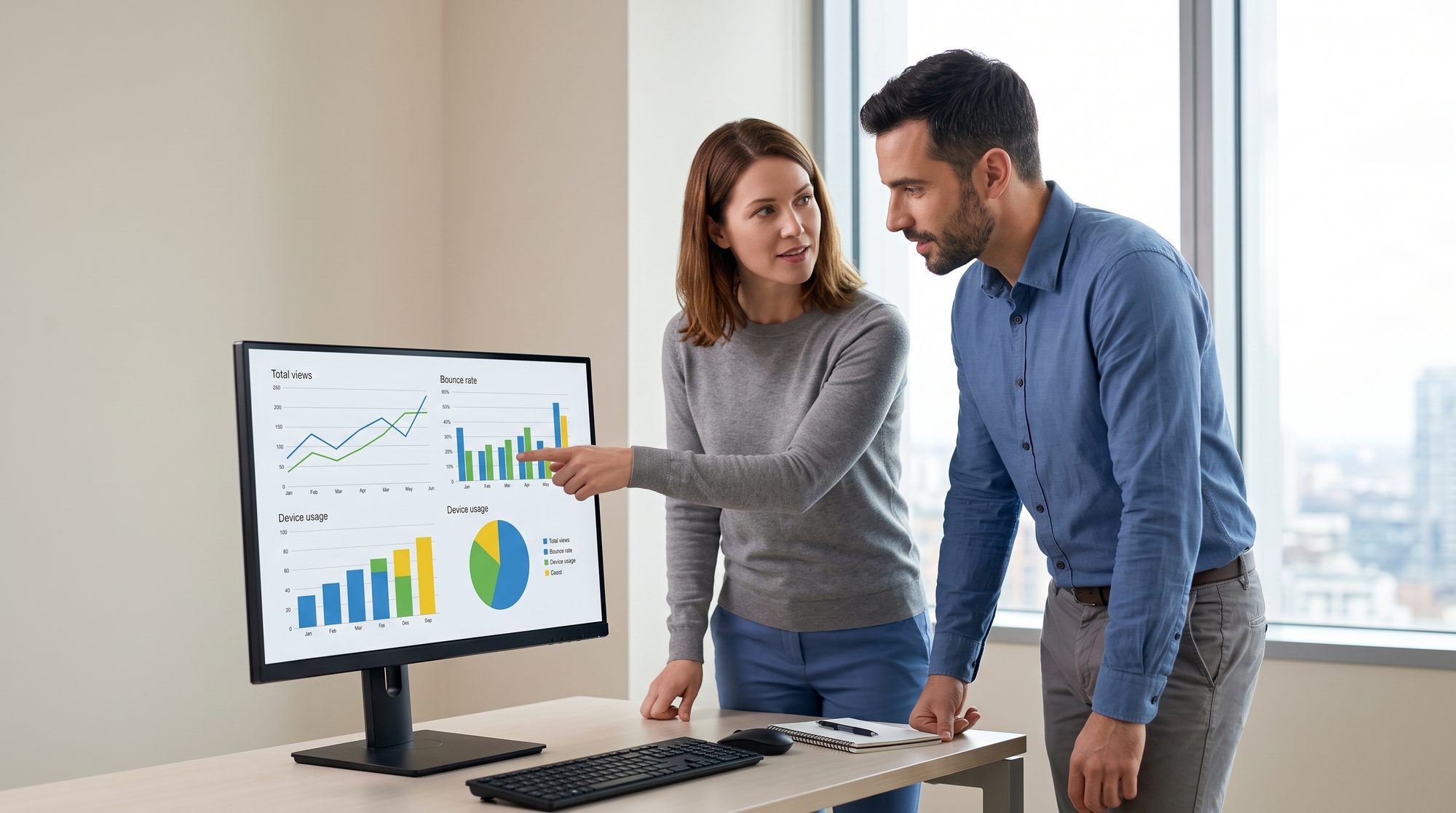 Two professionals reviewing website performance analytics and conversion data together at a monitor