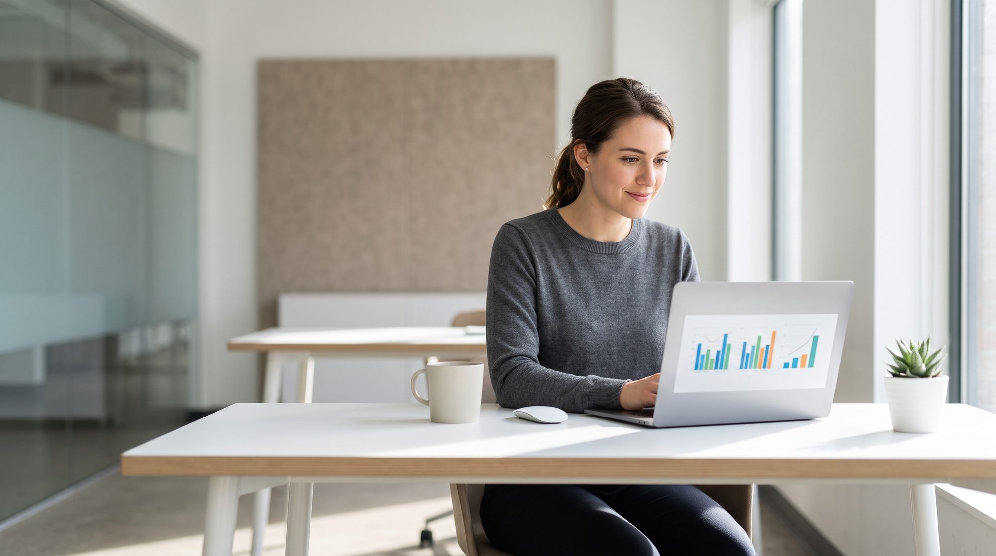 Marketing-Experte analysiert Google Ads Kampagnendaten auf Laptop im modernen Büro
