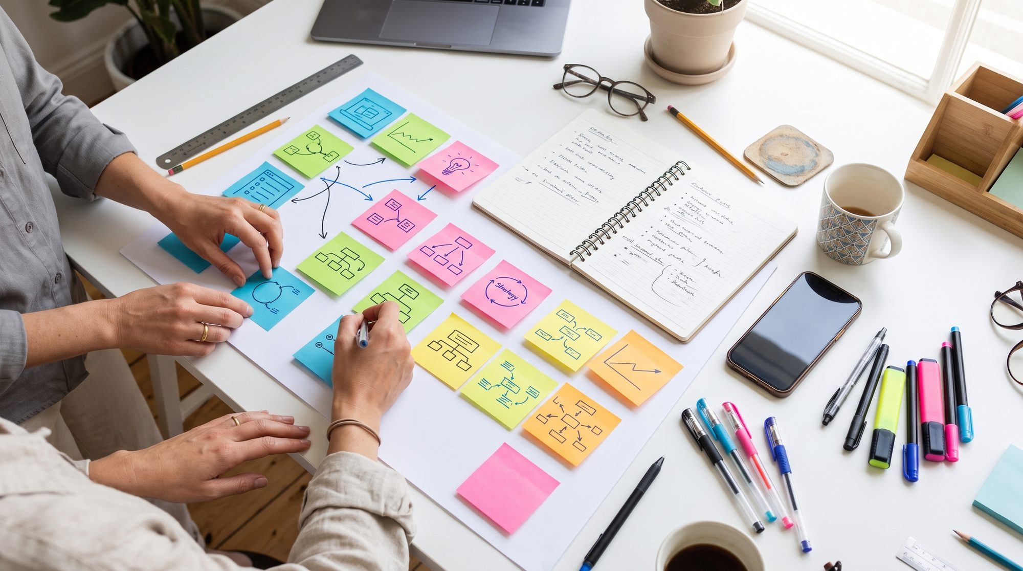 Strukturierte Planung lokaler SEO-Maßnahmen mit Checkliste und Strategiediagrammen auf Papier
