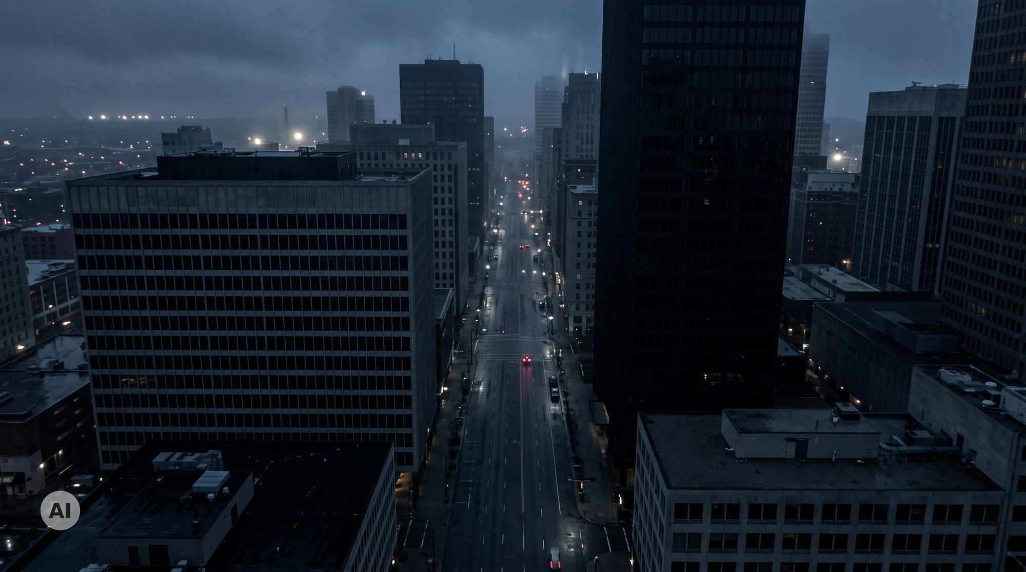 Dark office building windows at night, symbolizing the public-sector websites that went offline after PHP2Shell was disclosed (KI-generiert)