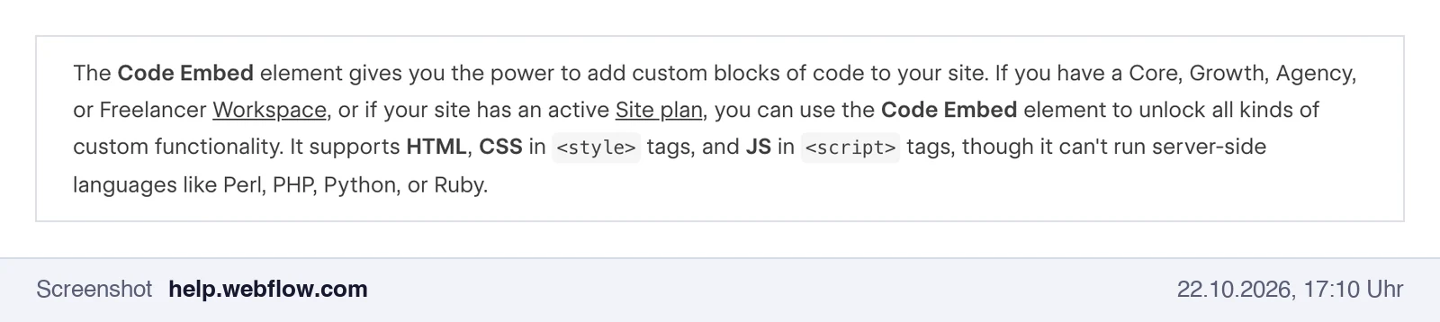 Screenshot der Webflow-Hilfe: Code Embed unterstützt HTML, CSS und JavaScript, aber keine serverseitigen Sprachen wie PHP