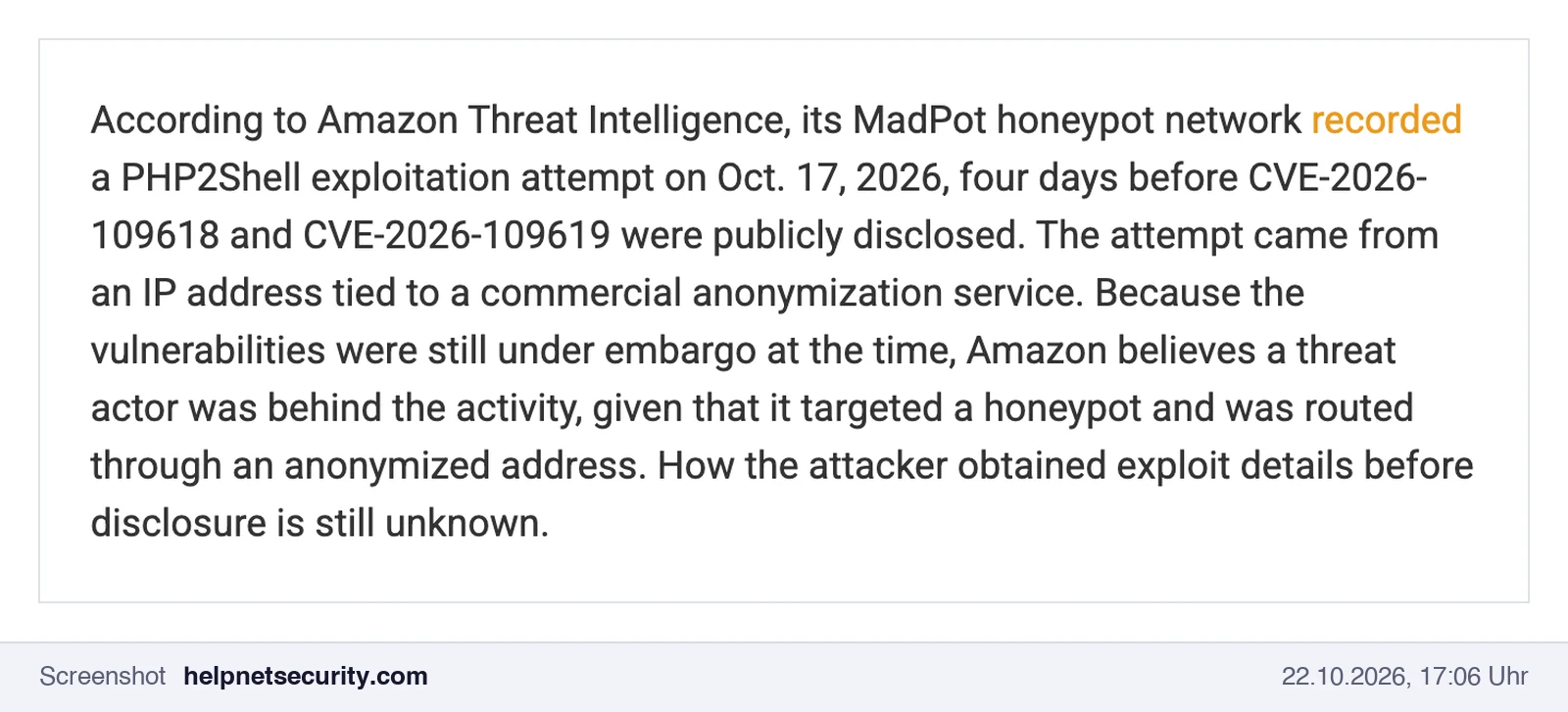 Screenshot von Help Net Security: Amazon Threat Intelligence meldet einen PHP2Shell-Angriffsversuch am 17.10.2026