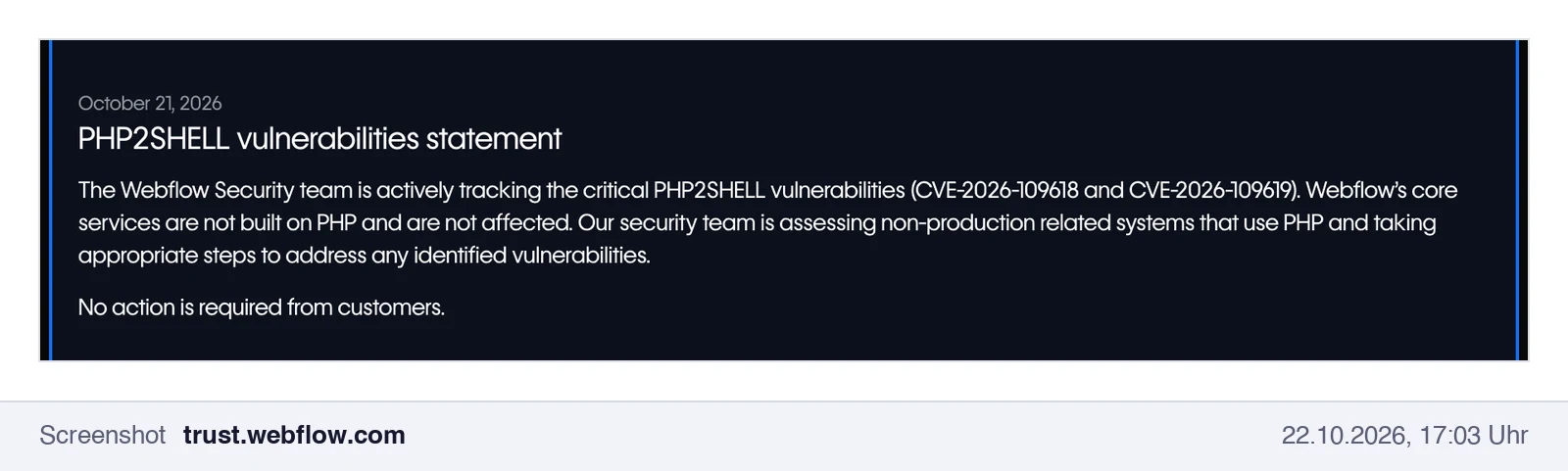 Screenshot des Webflow Trust Center: PHP2SHELL vulnerabilities statement vom 21.10.2026, Kerndienste nicht betroffen