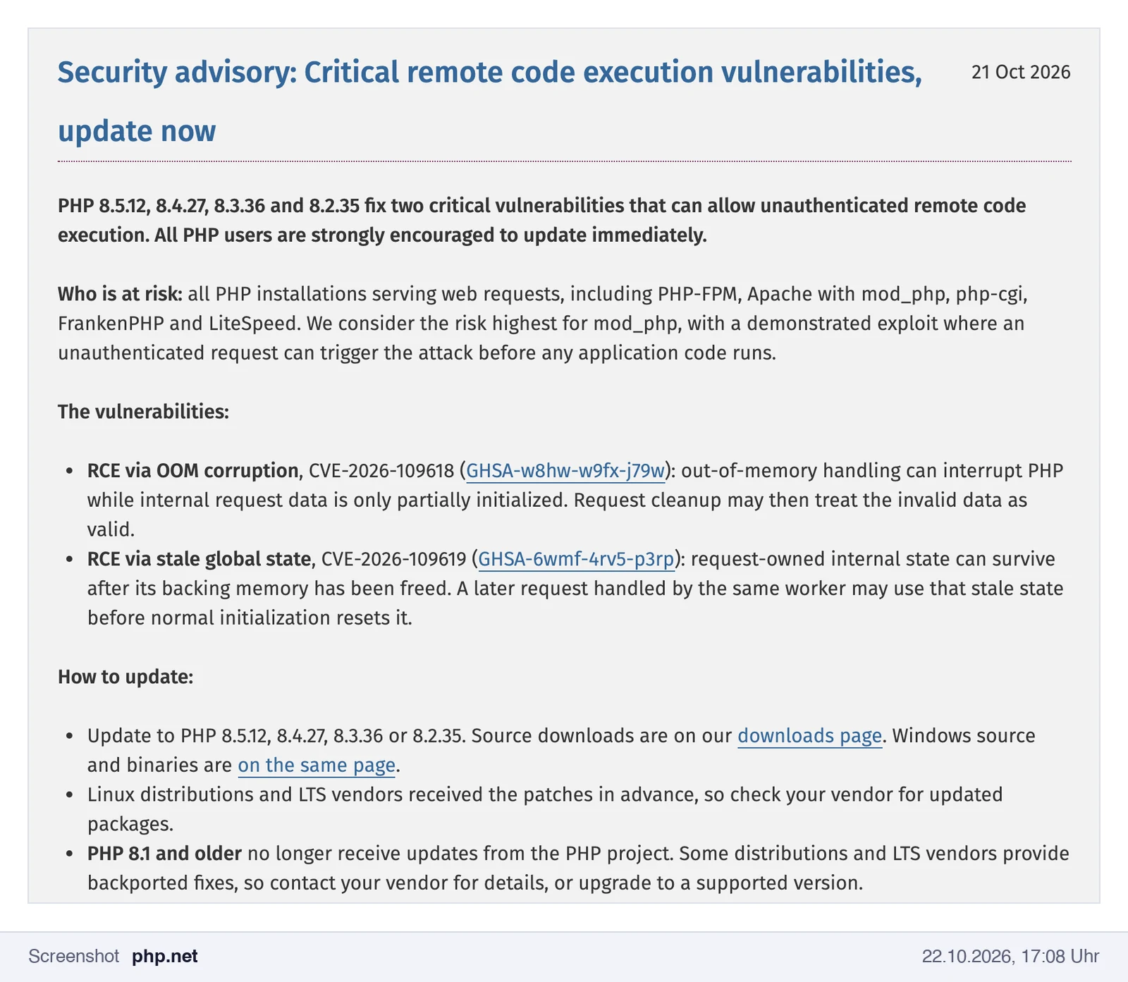 Screenshot des Sicherheitshinweises auf php.net vom 21.10.2026 mit betroffenen Systemen und abgesicherten Versionen