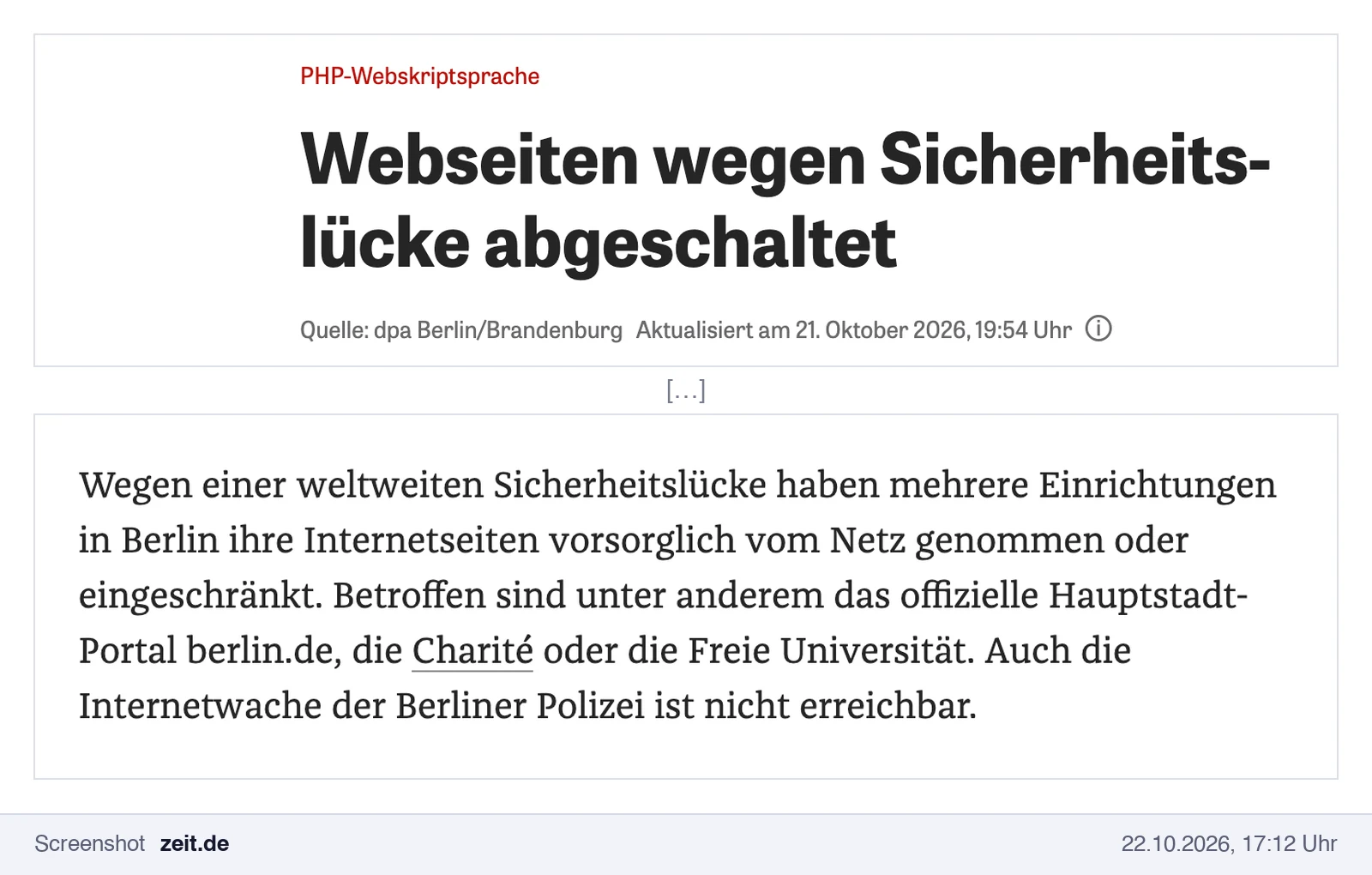 Screenshot von Zeit Online: Webseiten wegen Sicherheitslücke abgeschaltet, betroffen sind berlin.de, die Charité und die Freie Universität