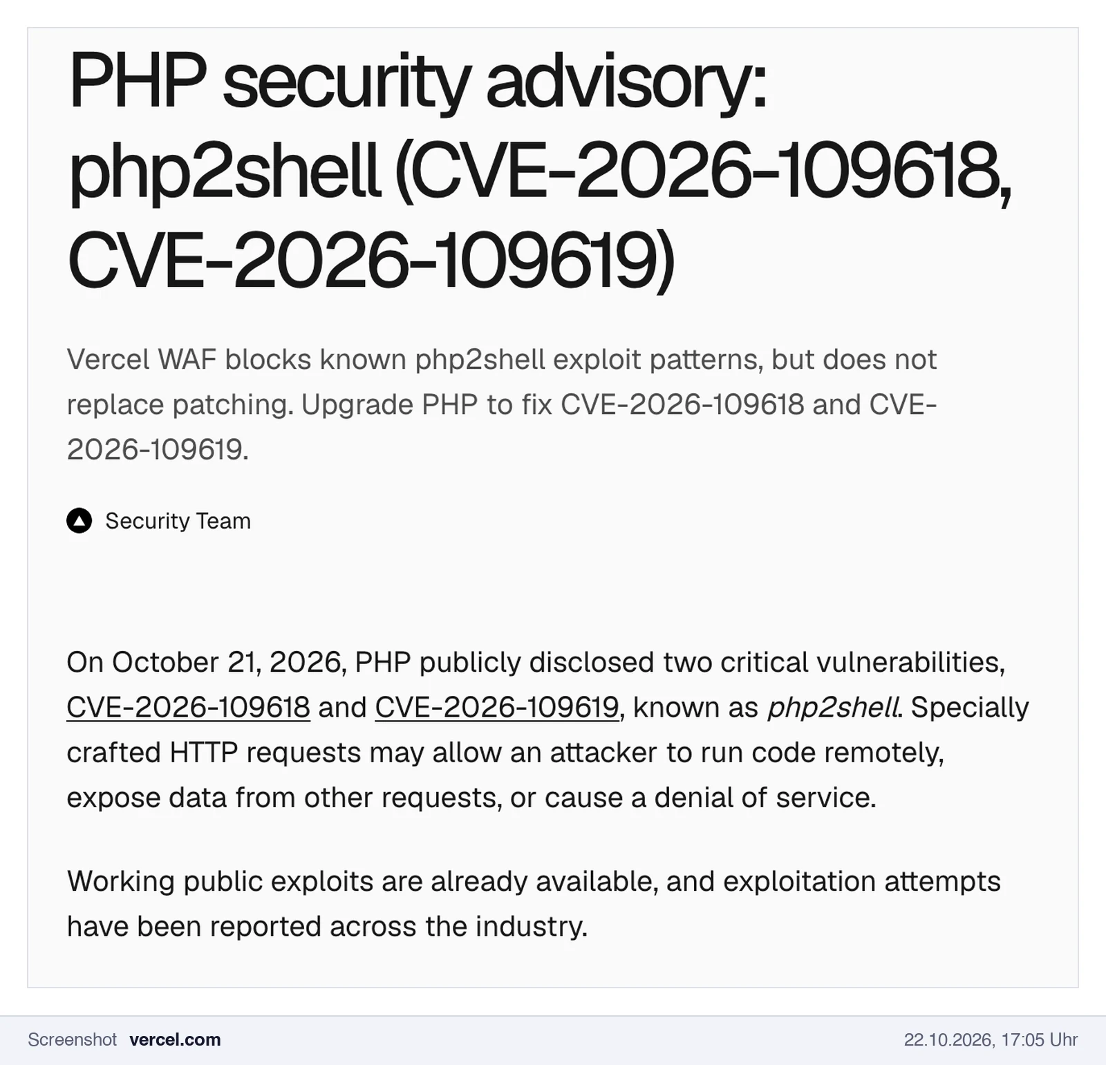 Screenshot des Vercel-Sicherheitshinweises: Die Firewall blockiert bekannte Angriffsmuster, ersetzt aber kein PHP-Update, öffentliche Exploits sind verfügbar