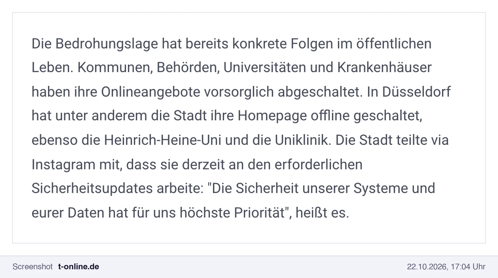 Screenshot von t-online: Kommunen, Behörden, Universitäten und Krankenhäuser haben ihre Onlineangebote abgeschaltet, in Düsseldorf Stadt, Heinrich-Heine-Uni und Uniklinik