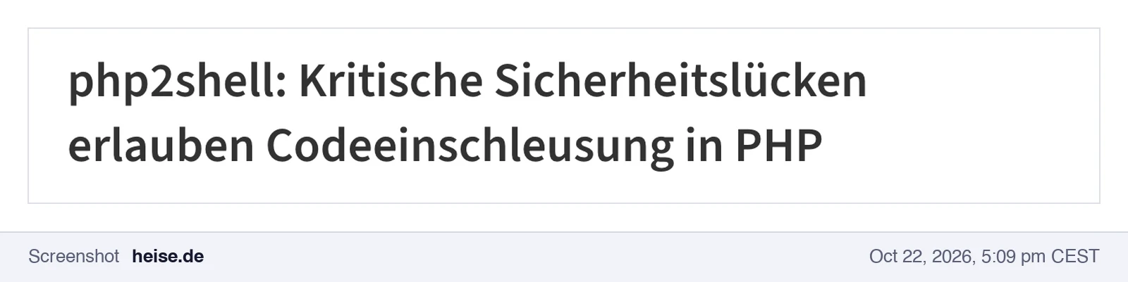 Screenshot of heise online, Germany's leading IT news site: php2shell, critical vulnerabilities allow code injection in PHP