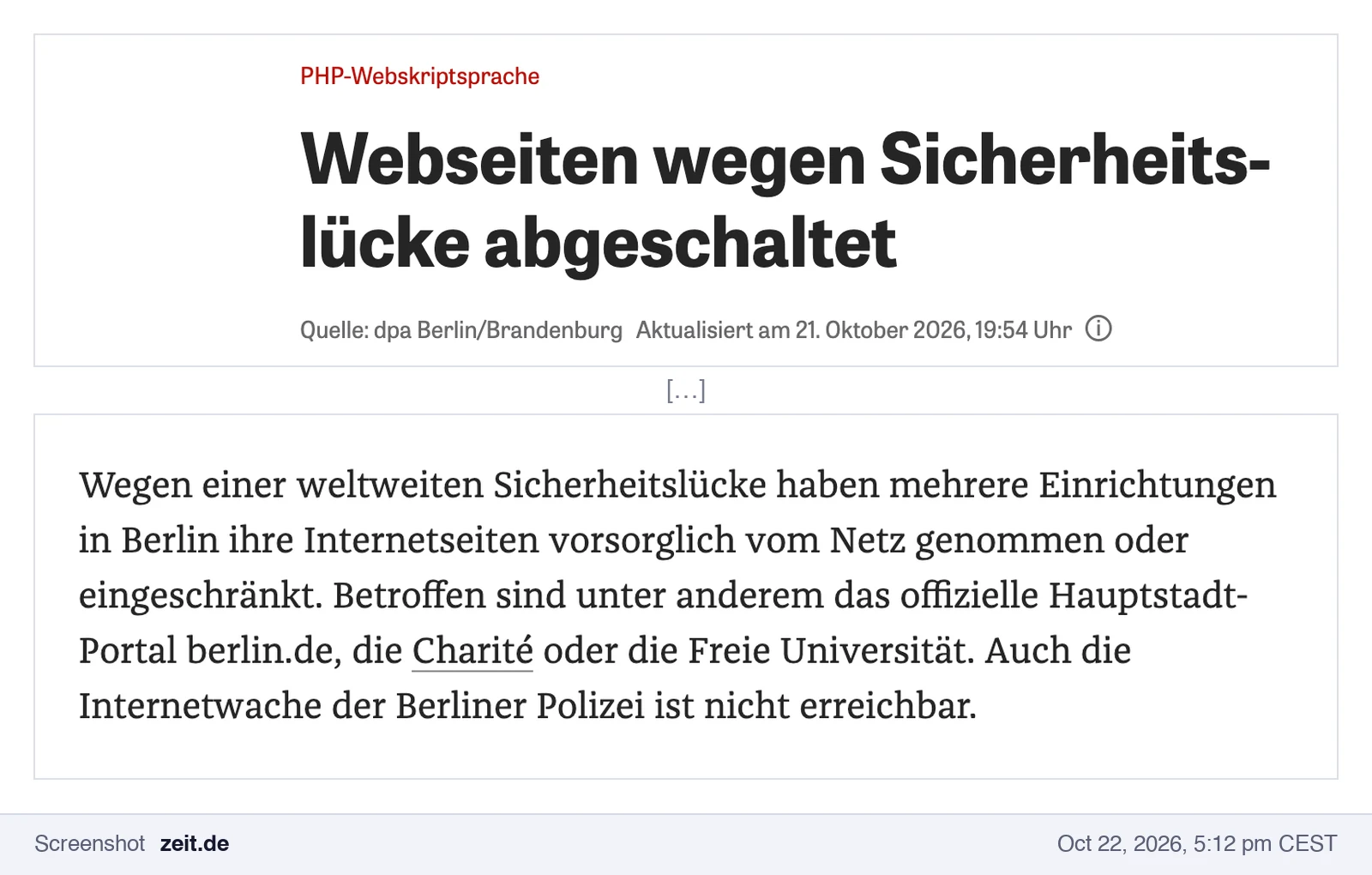 Screenshot of Zeit Online: websites switched off over security flaw, affecting berlin.de, Charité and Freie Universität