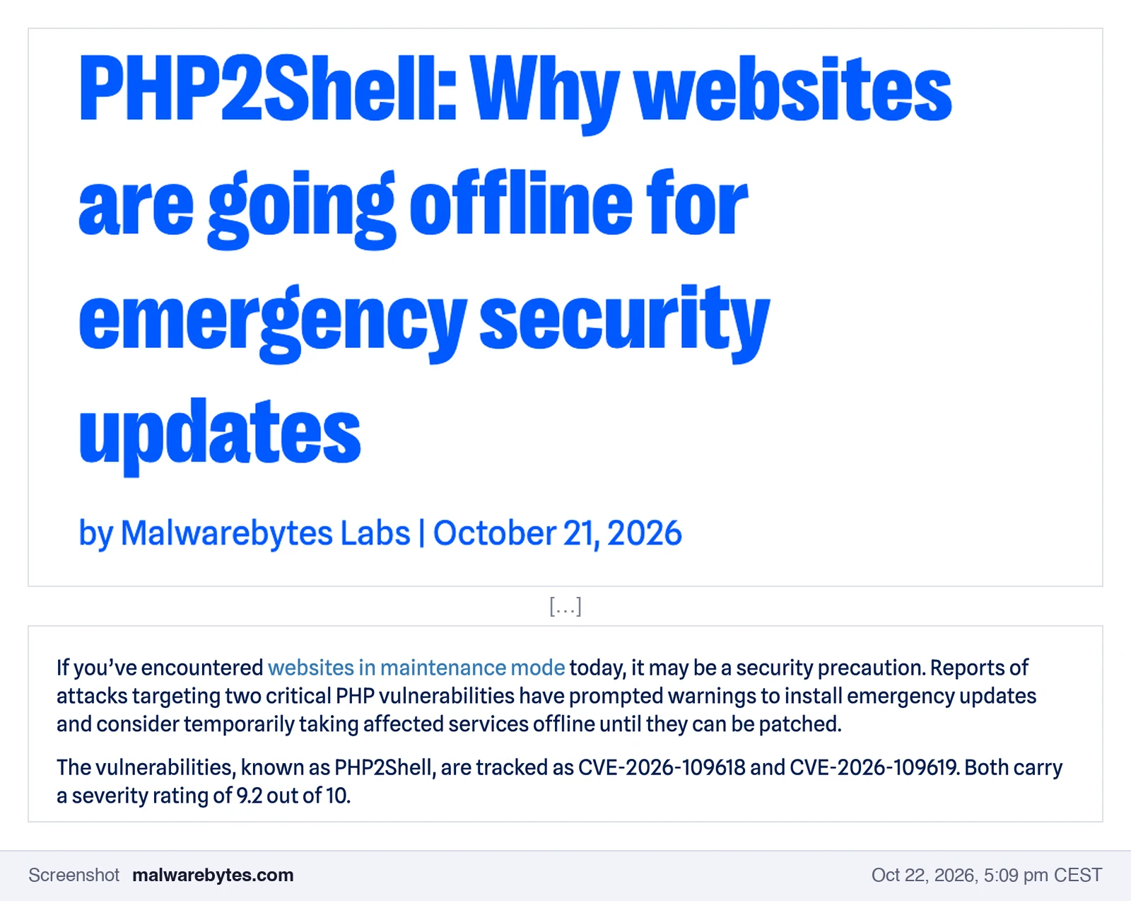 Screenshot of Malwarebytes: PHP2Shell, why websites are going offline for emergency security updates