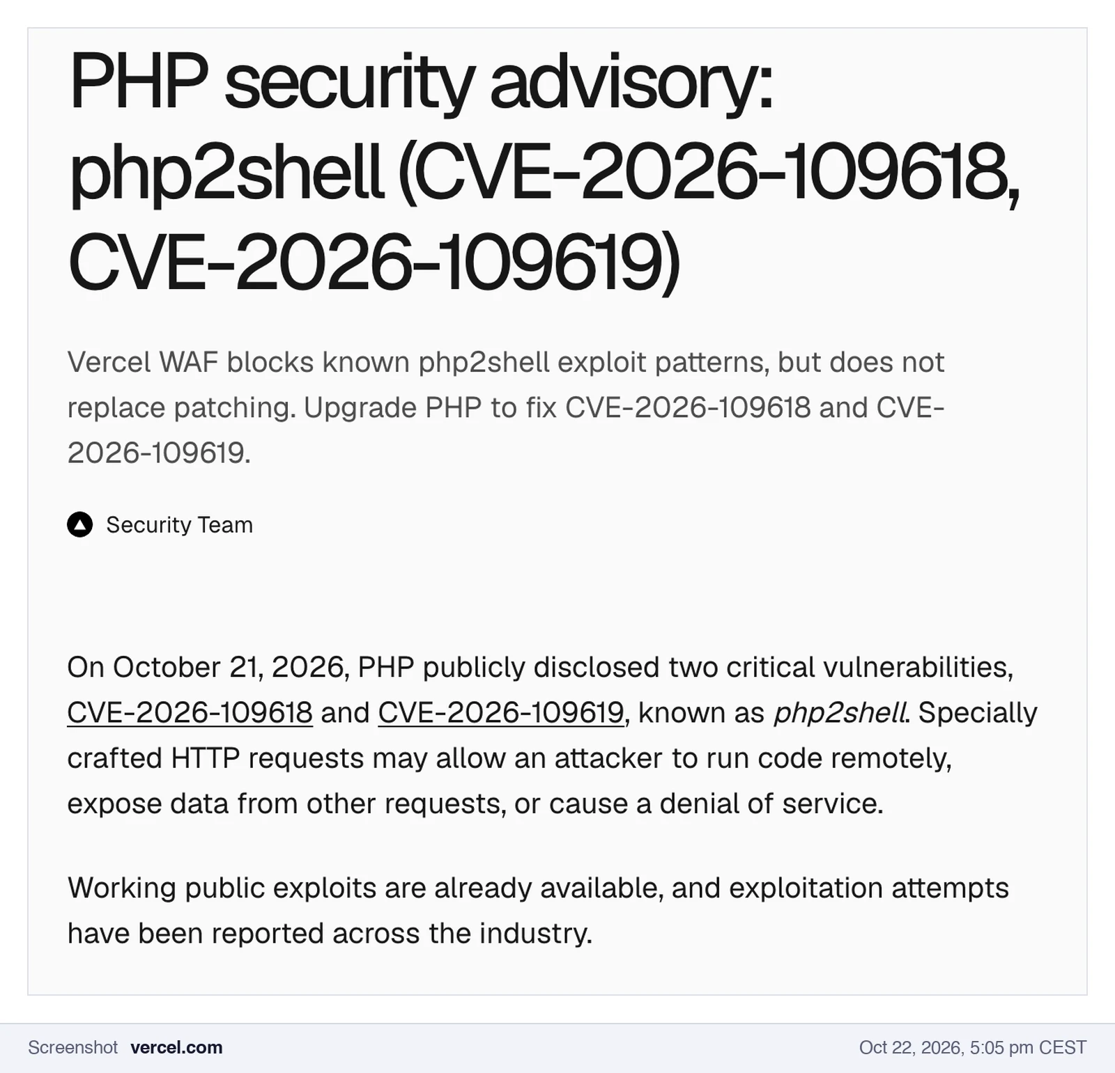 Screenshot of the Vercel security bulletin: the WAF blocks known exploit patterns but does not replace patching, public exploits are available