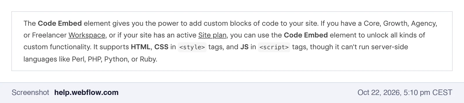 Screenshot of the Webflow help center: Code Embed supports HTML, CSS and JavaScript but no server-side languages like PHP