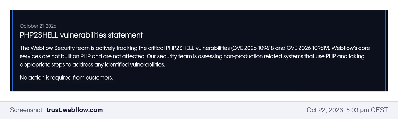 Screenshot of the Webflow Trust Center: PHP2SHELL vulnerabilities statement of October 21, 2026, core services not affected