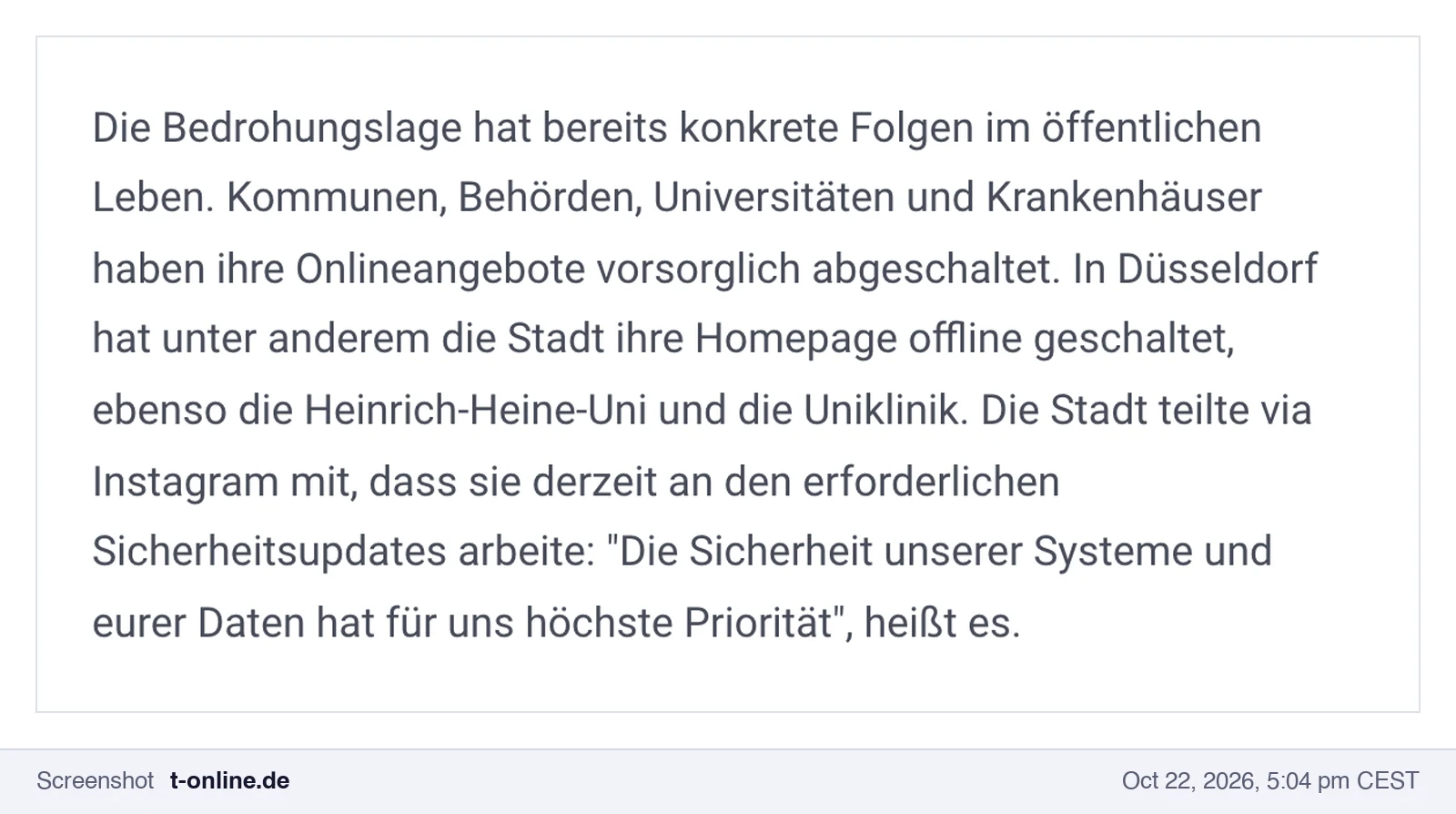 Screenshot of t-online: municipalities, agencies, universities and hospitals switched off their online services, in Düsseldorf the city, Heinrich Heine University and the university hospital