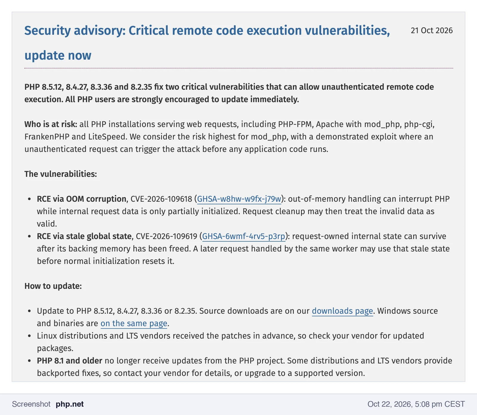 Screenshot of the php.net security advisory of October 21, 2026 listing affected setups and patched versions