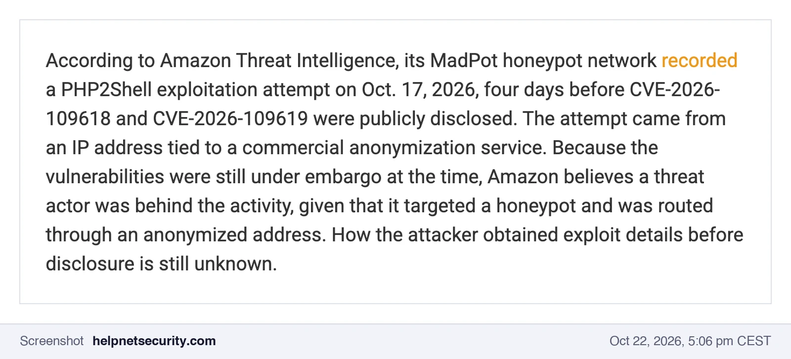 Screenshot of Help Net Security: Amazon Threat Intelligence recorded a PHP2Shell exploitation attempt on October 17, 2026