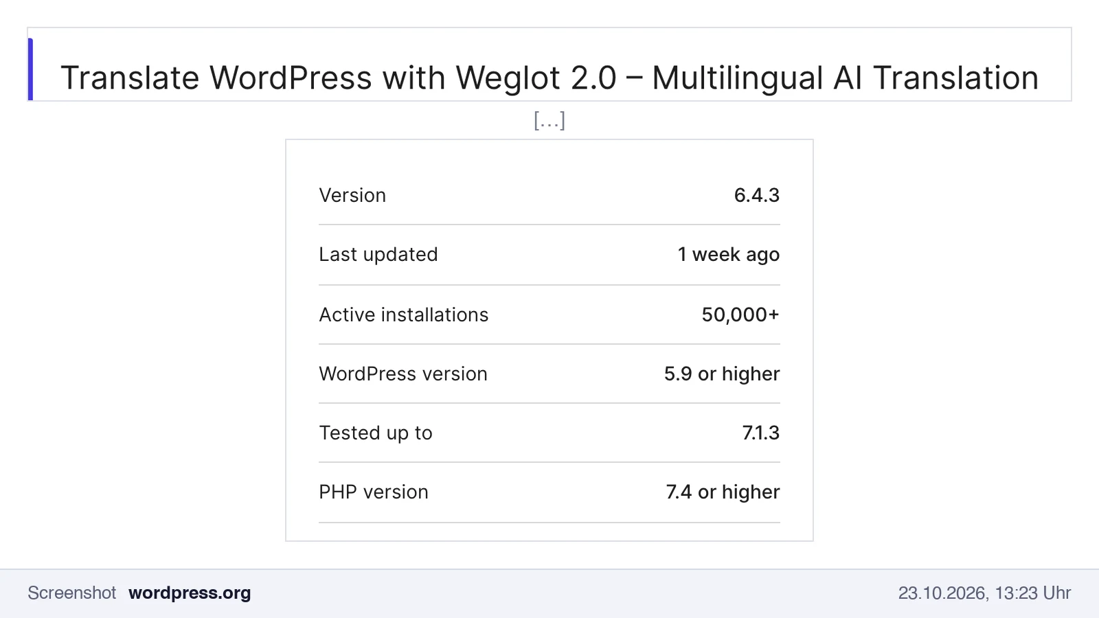 Screenshot von wordpress.org: Plugin „Translate WordPress with Weglot 2.0“, Version 6.4.3, mehr als 50.000 aktive Installationen, PHP 7.4 oder höher
