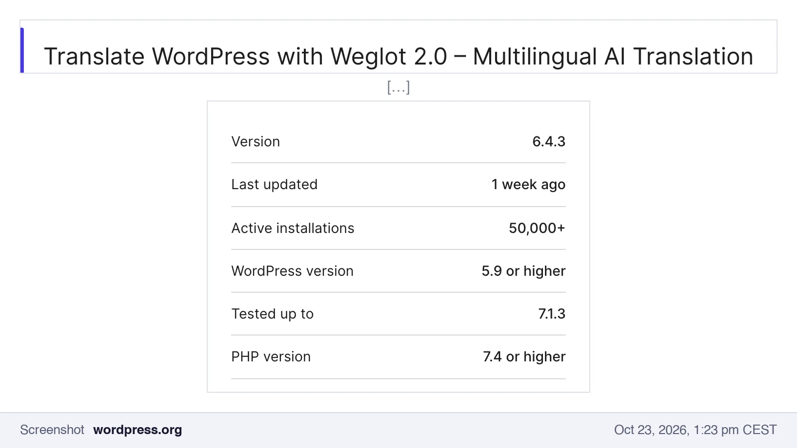 Screenshot of wordpress.org: plugin Translate WordPress with Weglot 2.0, version 6.4.3, more than 50,000 active installations, PHP 7.4 or higher