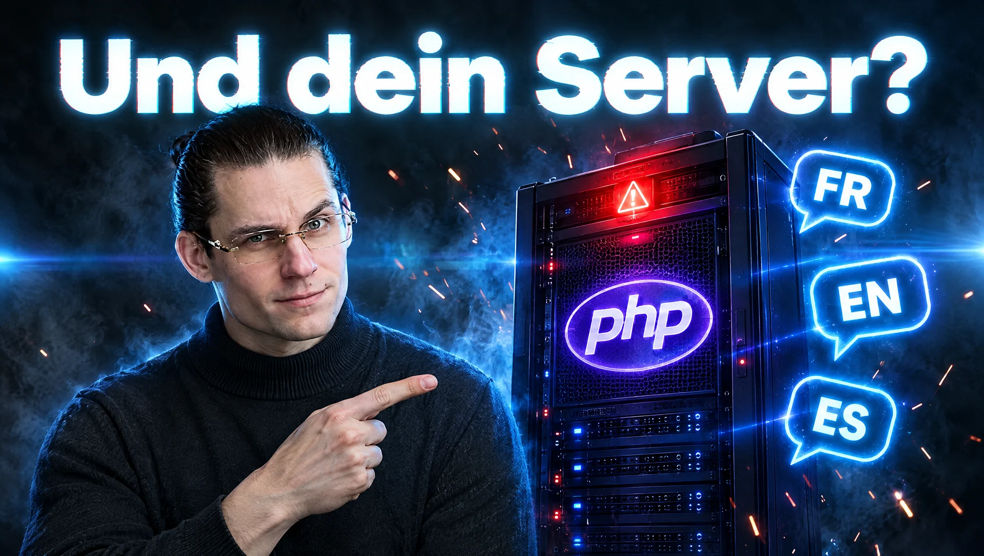 „Und dein Server?“: Christian Kallinich zeigt auf ein Serverrack mit PHP-Logo und Warnlicht, daneben Sprachblasen FR, EN und ES (KI-generiert)
