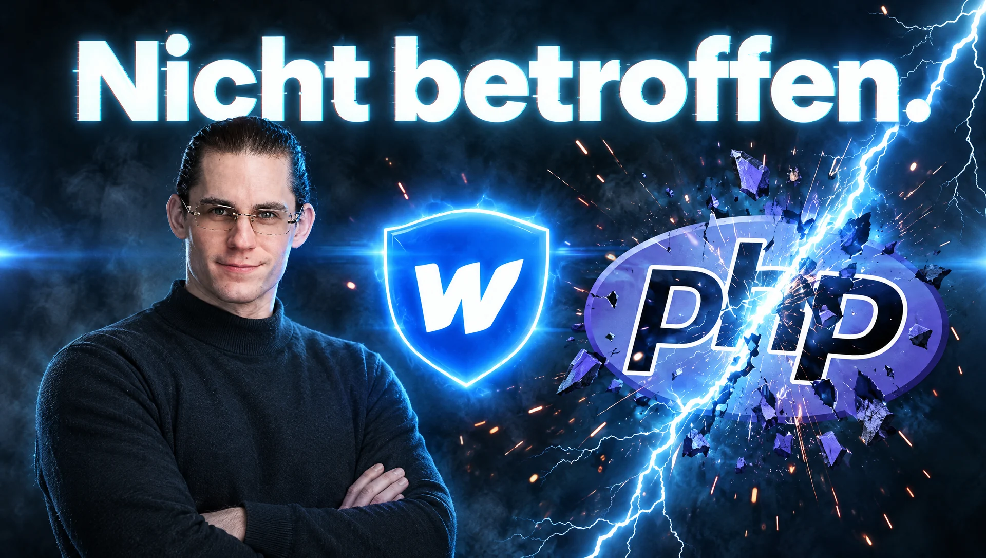 „Nicht betroffen.“: Christian Kallinich mit verschränkten Armen neben einem intakten Webflow-Logo und einem vom Blitz zerbrochenen PHP-Logo (KI-generiert)