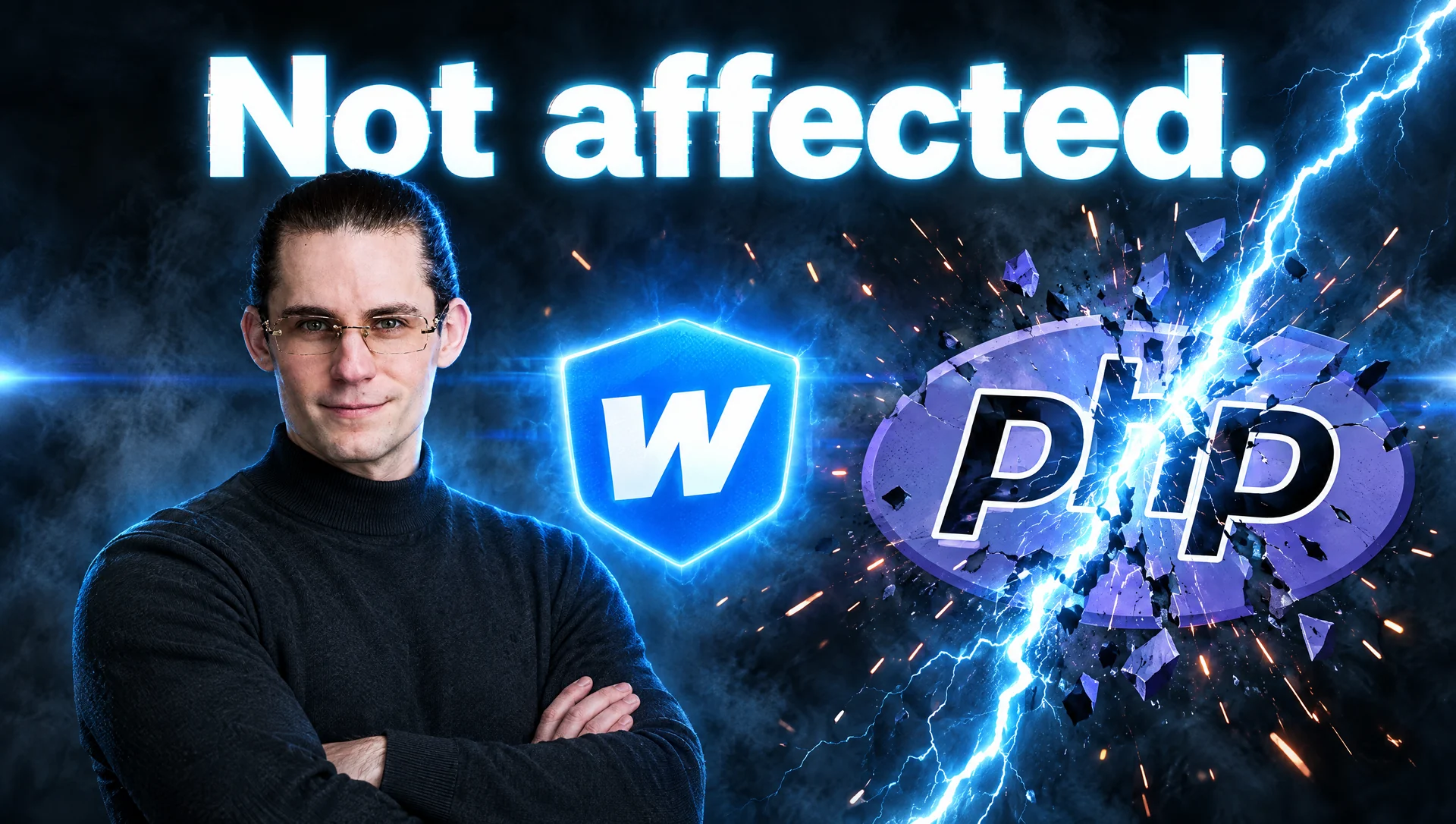 "Not affected.": Christian Kallinich with arms crossed next to an intact Webflow logo and a PHP logo shattered by lightning (AI-generated)
