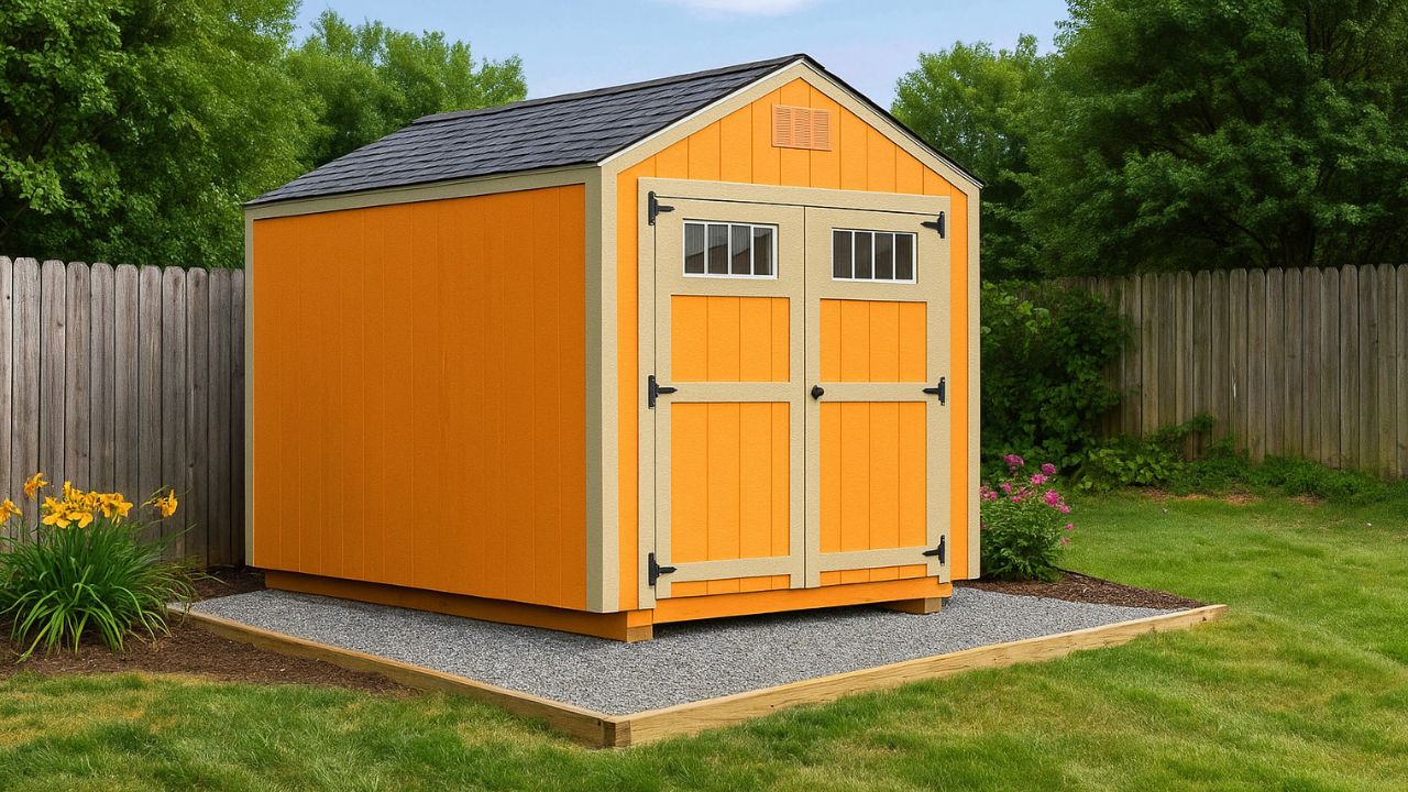 Person moving a shed using a shed mule