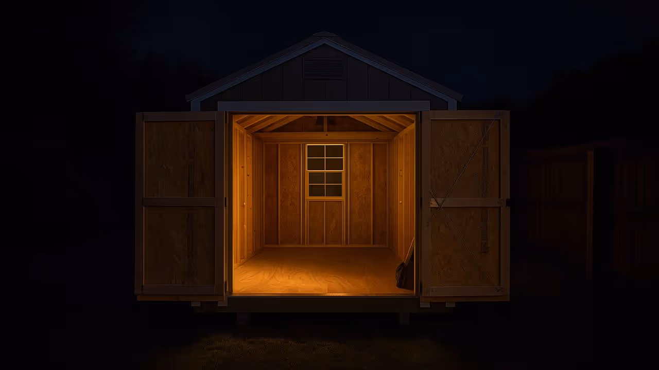 Person moving a shed using a shed mule
