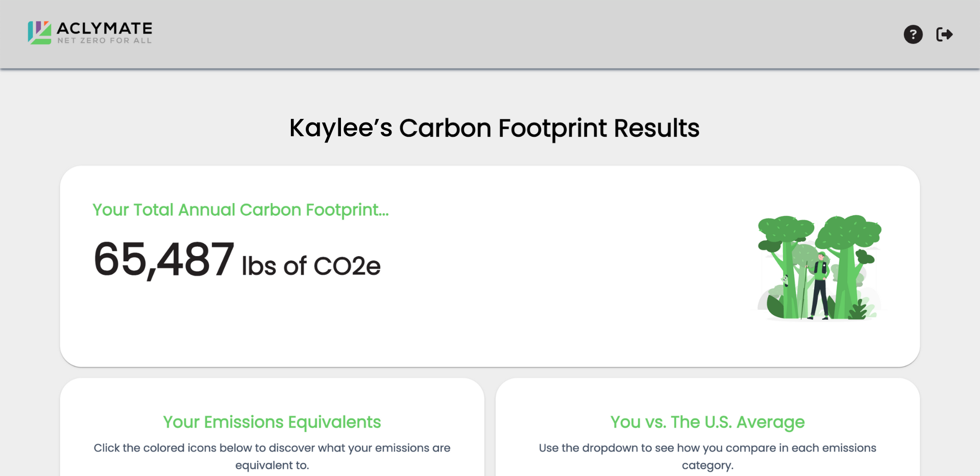 A screenshot of the myAclymate carbon footprint results page.