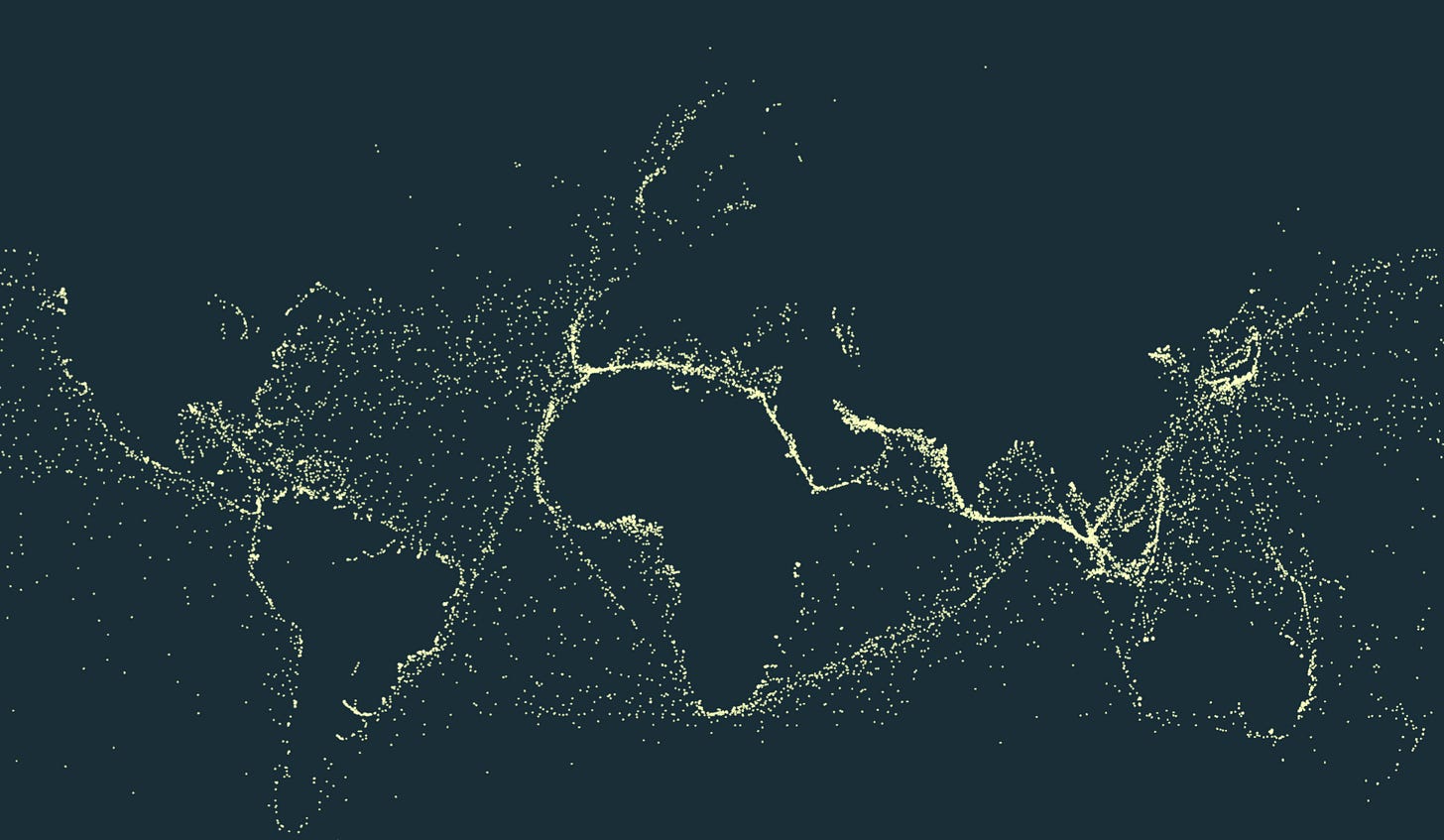 An image of ships at sea without a map, as provided by shipmap.org